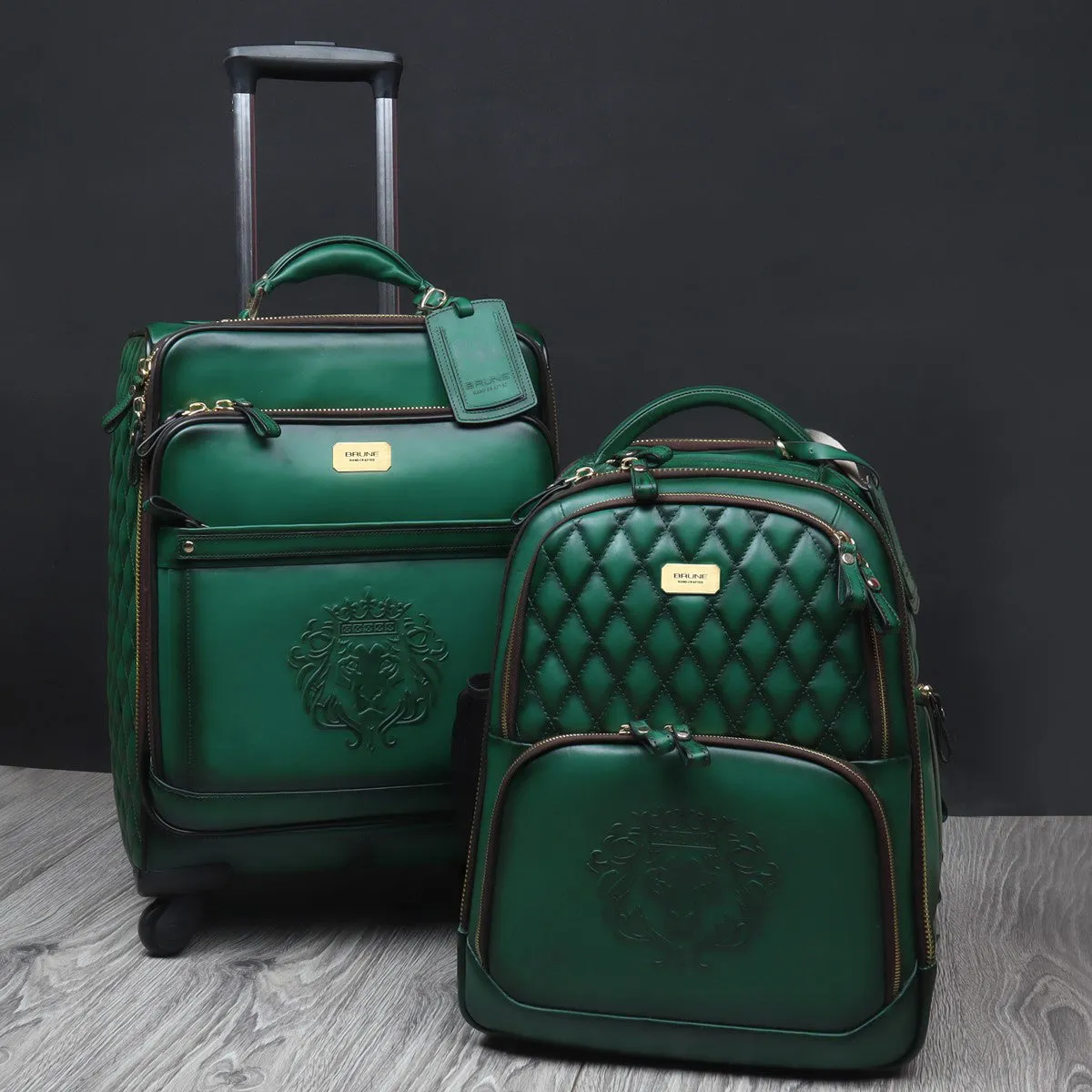 Green Leather Diamond Stitched Quad Wheel Trolly Bag by Brune & Bareskin