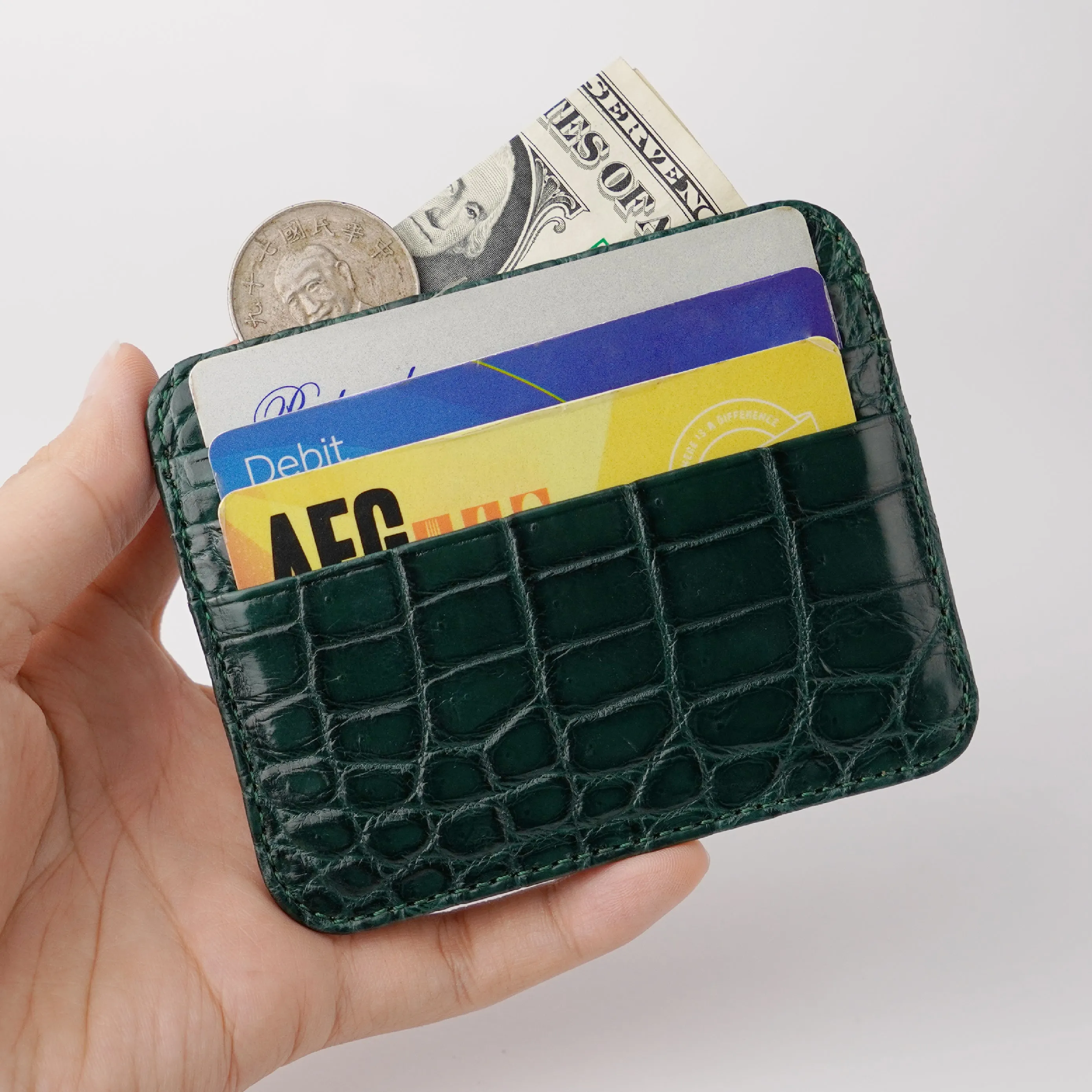 Green Slim Alligator Leather Credit Card Holder