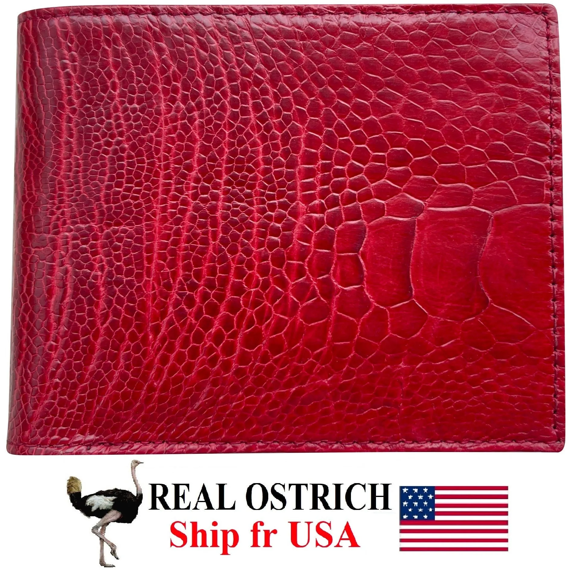 Handmade Red Slim Bifold Ostrich Leather Wallet RFID Blocking For Men | VINAM-95