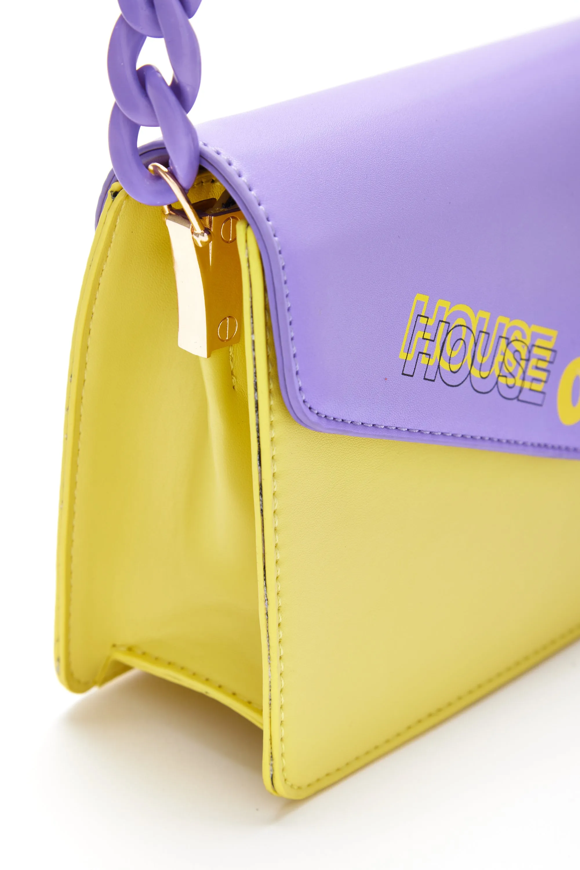 House Of Holland Cross Body Bag In Purple And Yellow With A Chain Detail Strap And Printed Logo