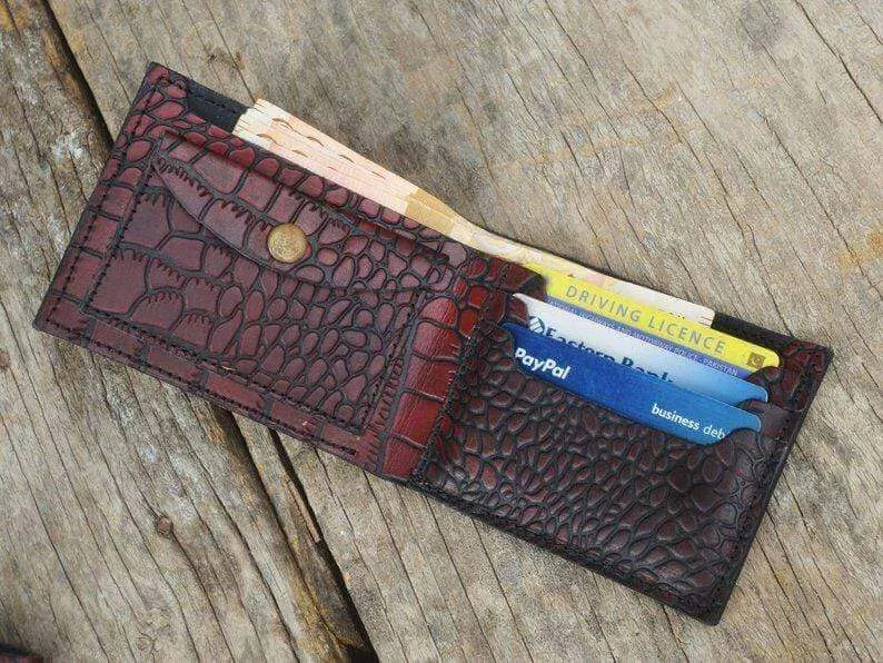 Husband Gift, Boyfriend gift, Father gift, Men's leather bifold wallet, thin leather wallet, Traditional Alligator Texture Oxblood Wallet