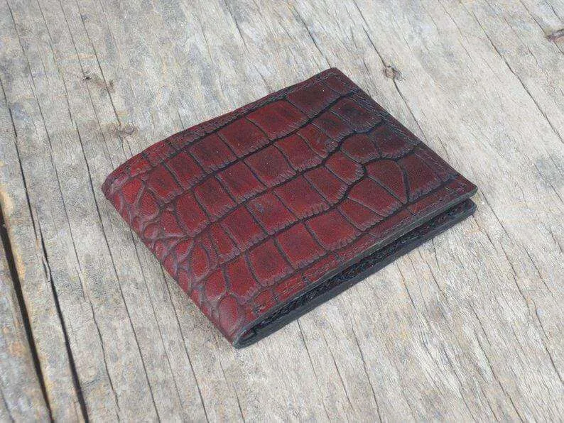 Husband Gift, Boyfriend gift, Father gift, Men's leather bifold wallet, thin leather wallet, Traditional Alligator Texture Oxblood Wallet