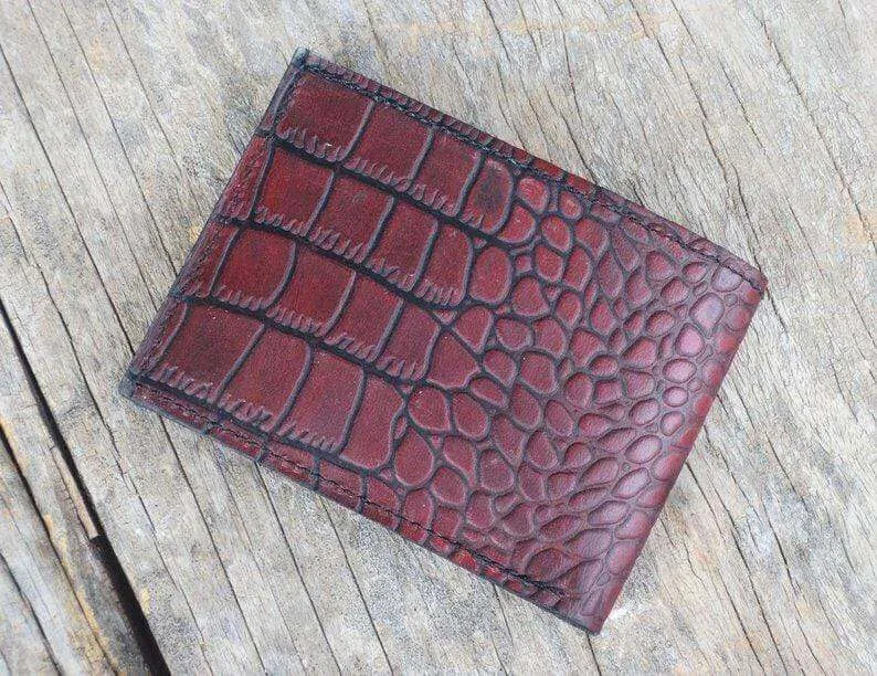 Husband Gift, Boyfriend gift, Father gift, Men's leather bifold wallet, thin leather wallet, Traditional Alligator Texture Oxblood Wallet