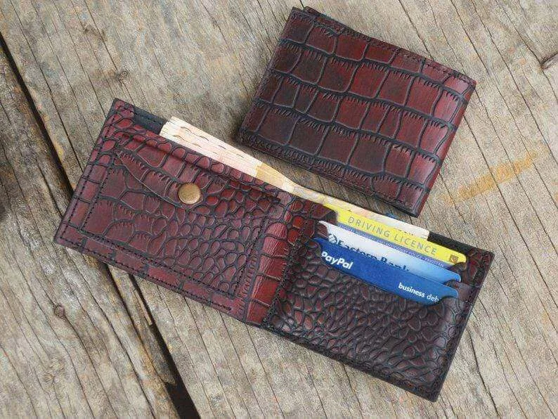 Husband Gift, Boyfriend gift, Father gift, Men's leather bifold wallet, thin leather wallet, Traditional Alligator Texture Oxblood Wallet