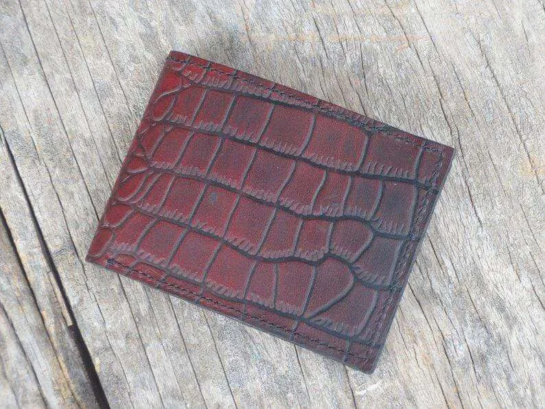 Husband Gift, Boyfriend gift, Father gift, Men's leather bifold wallet, thin leather wallet, Traditional Alligator Texture Oxblood Wallet