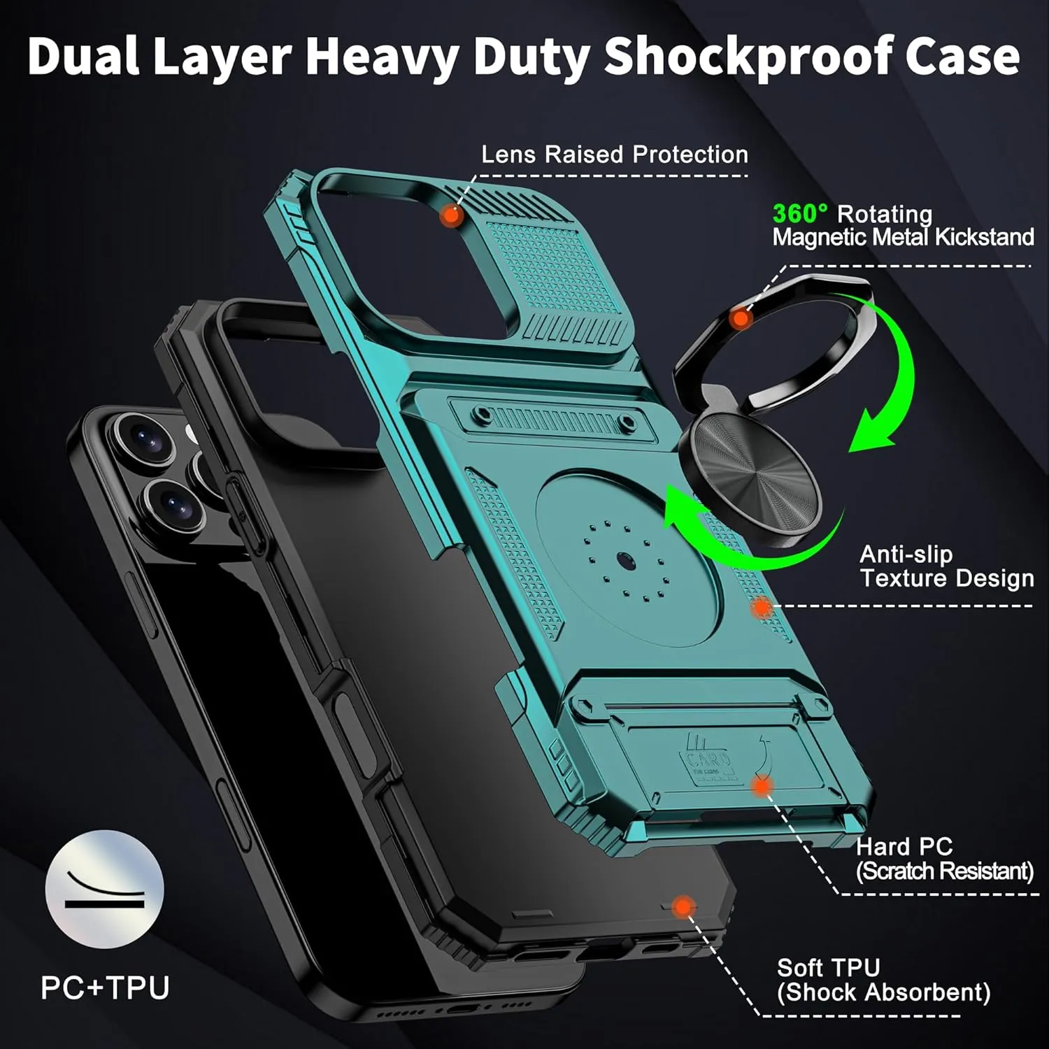 iPhone 16 Pro Case Holder Rotated Ring Stand Dual Layer Heavy Duty Drop Protection Wallet