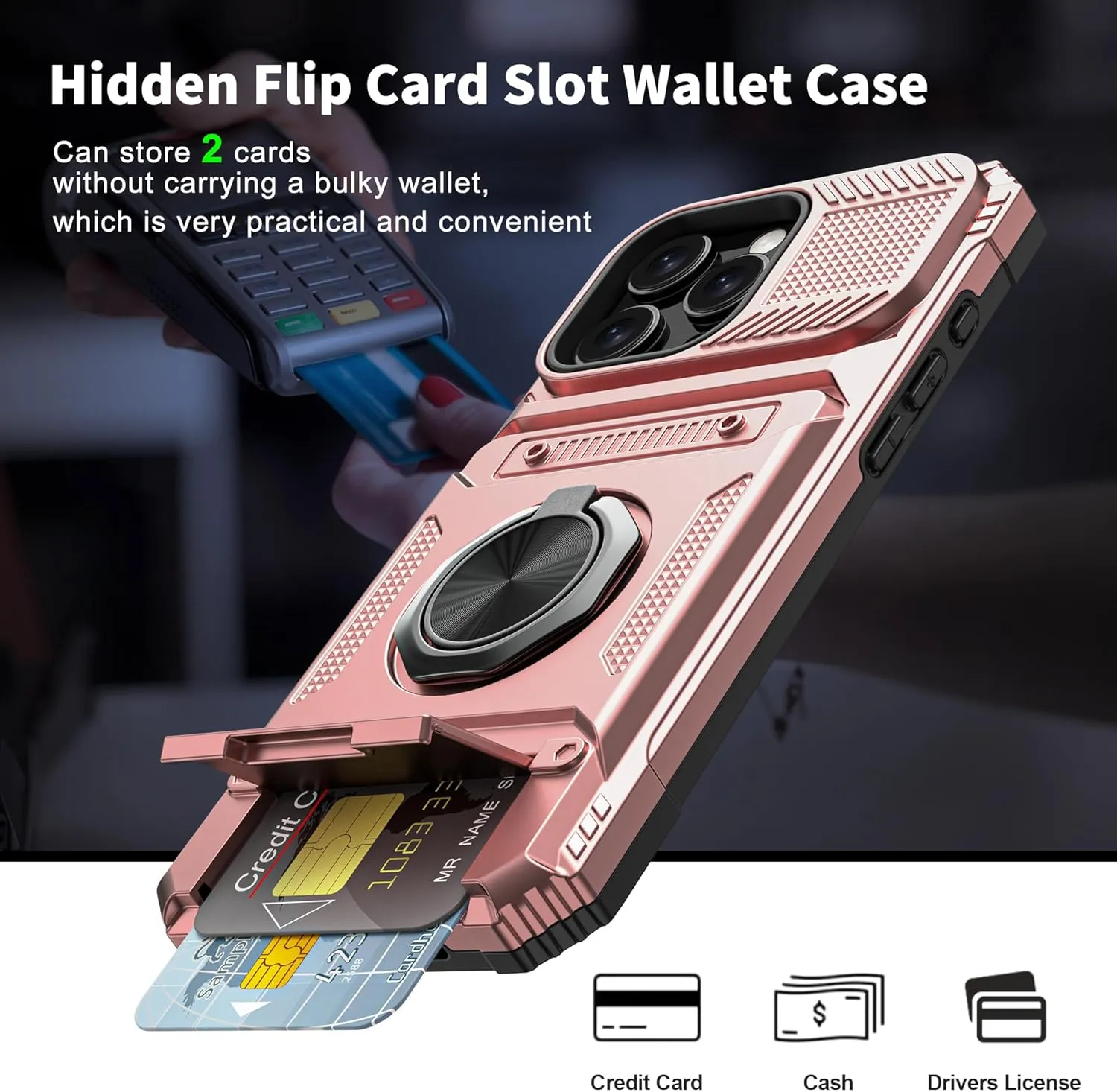 iPhone 16 Pro Case Holder Rotated Ring Stand Dual Layer Heavy Duty Drop Protection Wallet