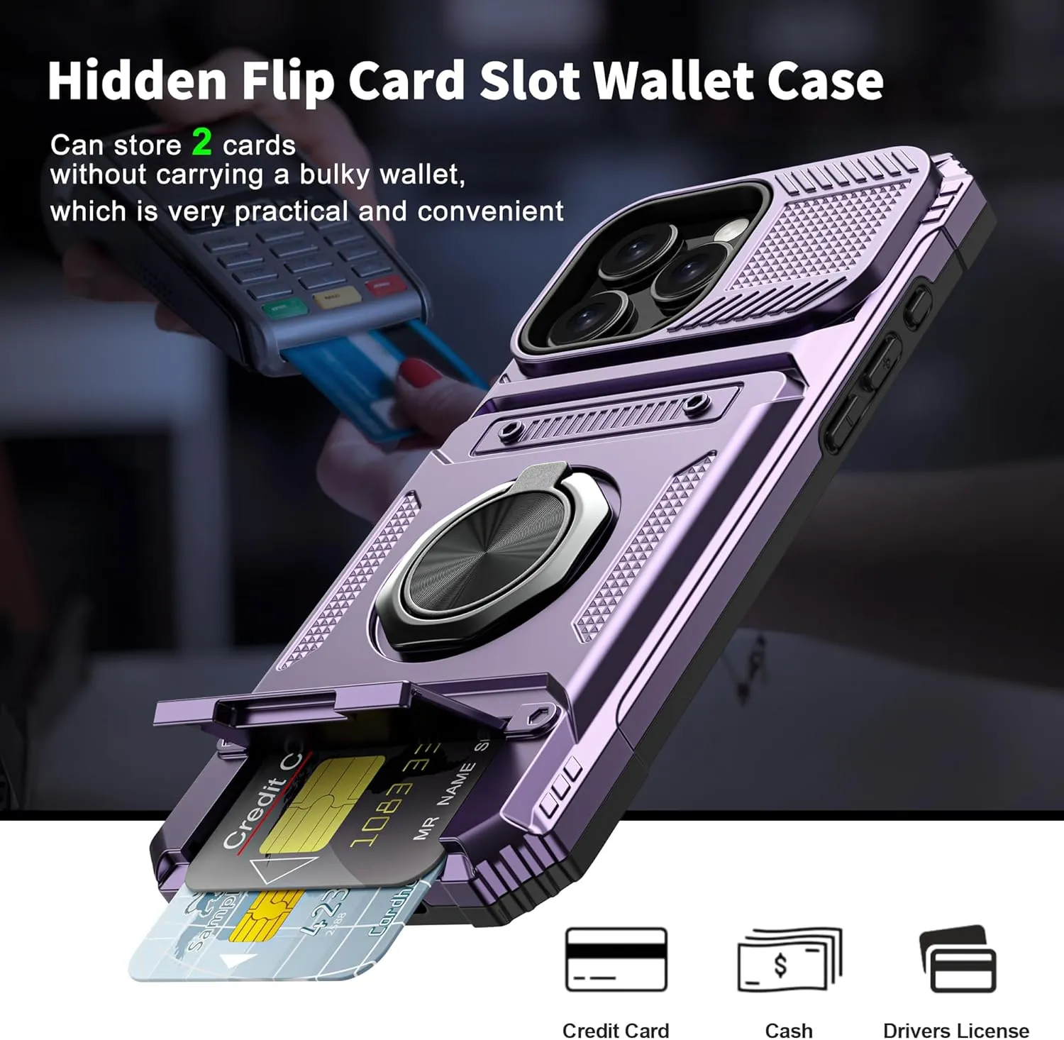 iPhone 16 Pro Case Holder Rotated Ring Stand Dual Layer Heavy Duty Drop Protection Wallet