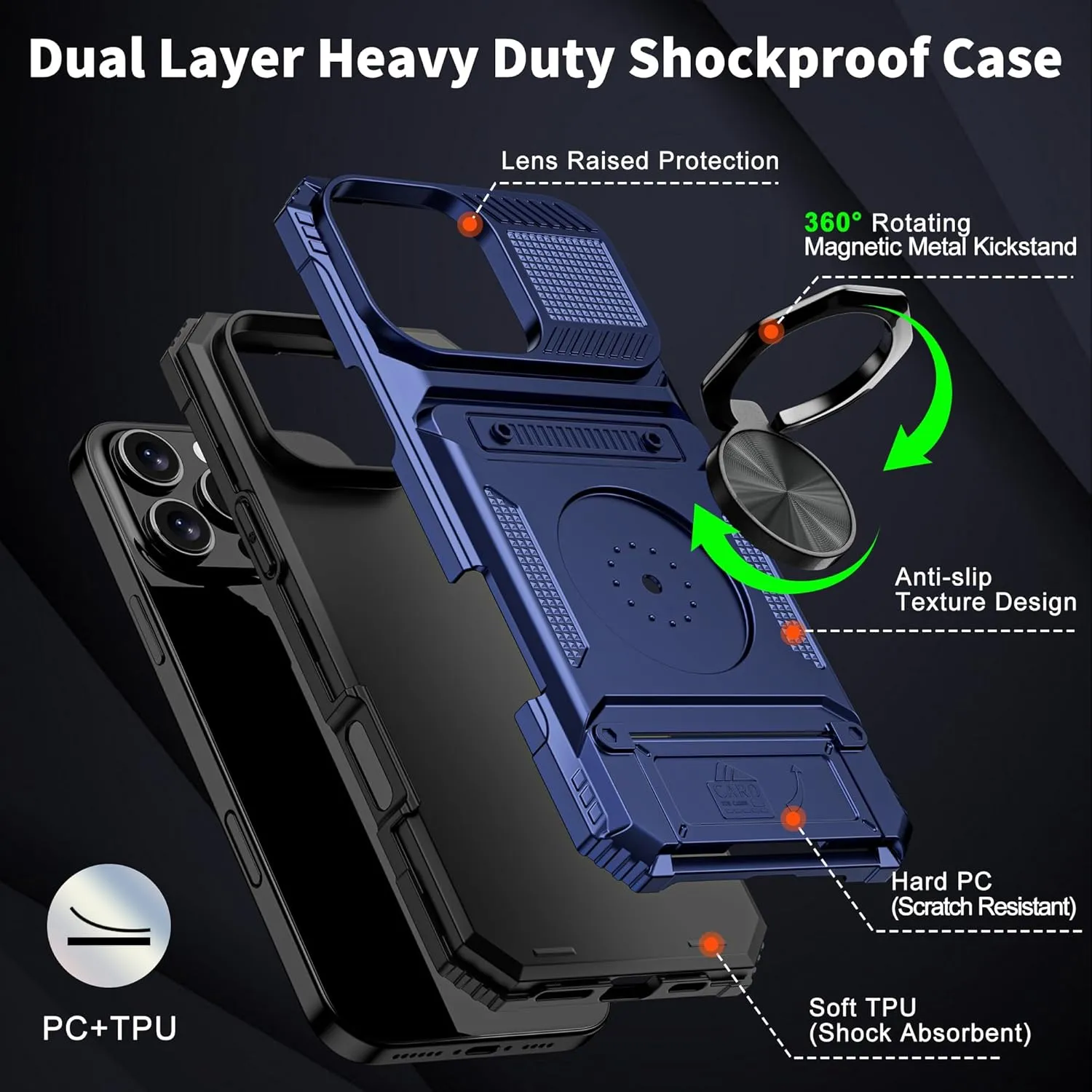 iPhone 16 Pro Case Holder Rotated Ring Stand Dual Layer Heavy Duty Drop Protection Wallet