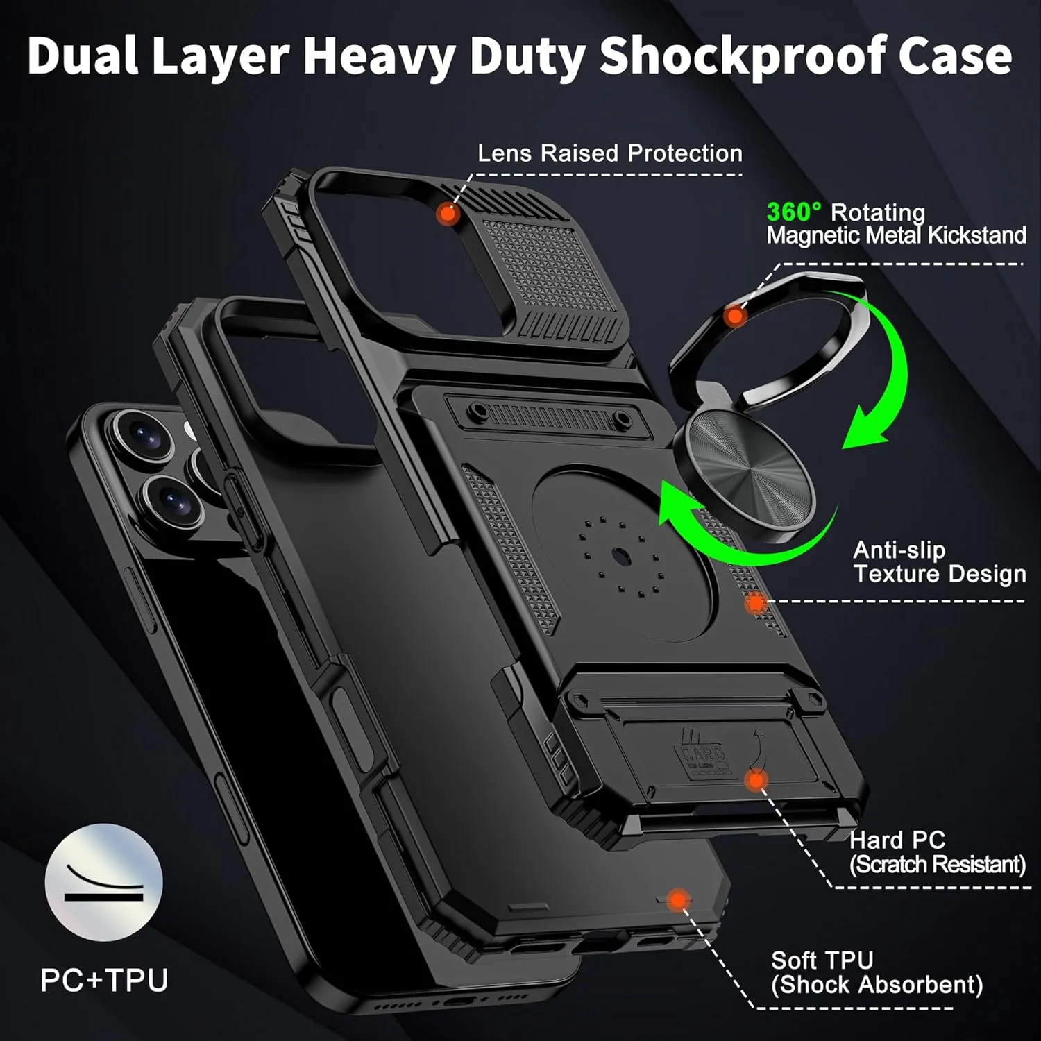 iPhone 16 Pro Case Holder Rotated Ring Stand Dual Layer Heavy Duty Drop Protection Wallet