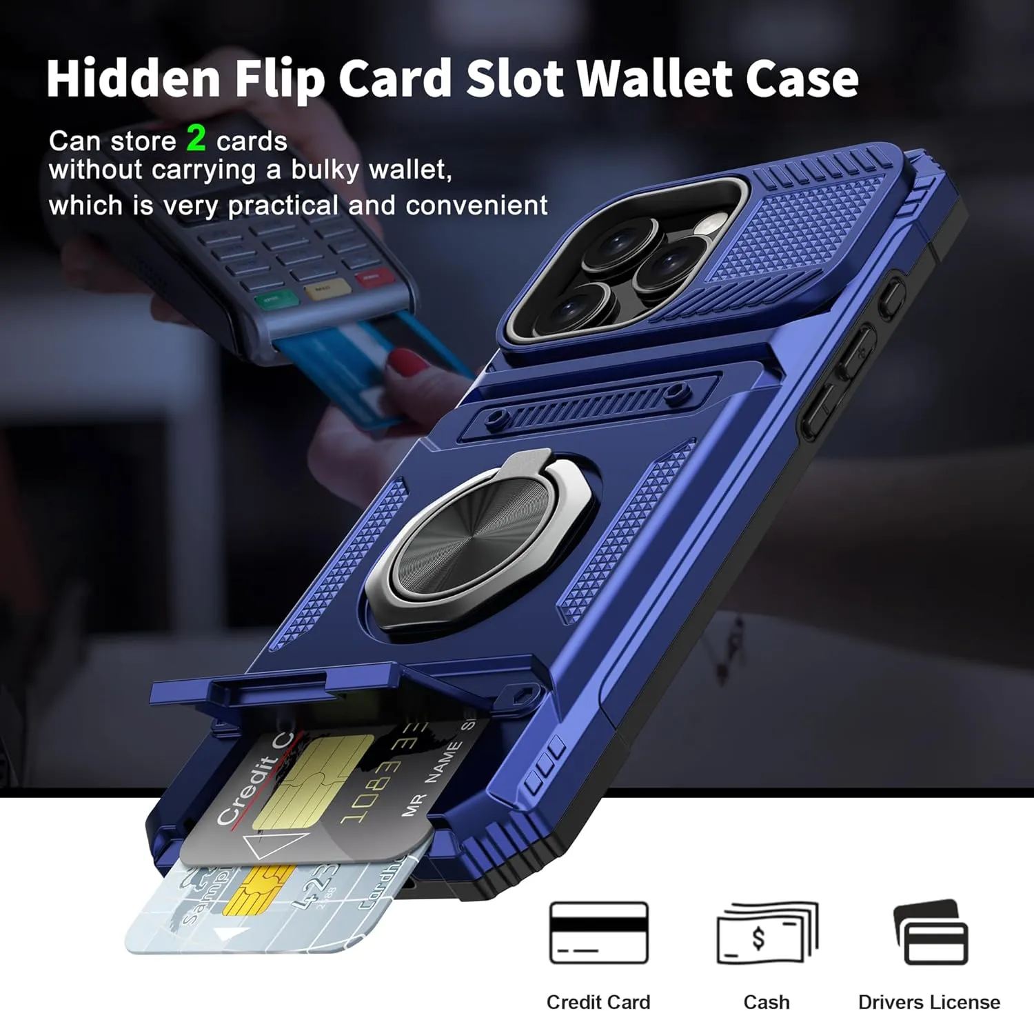 iPhone 16 Pro Case Holder Rotated Ring Stand Dual Layer Heavy Duty Drop Protection Wallet