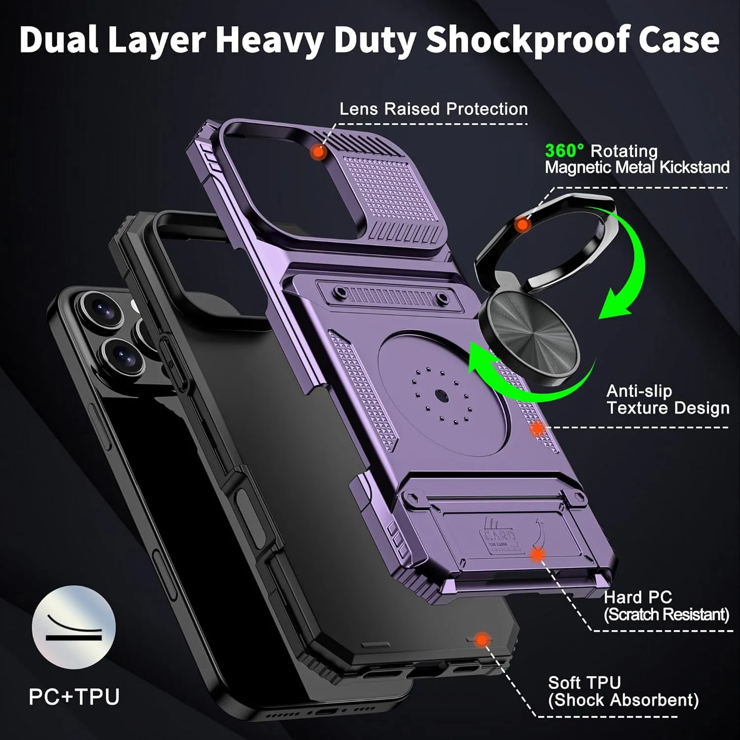 iPhone 16 Pro Case Holder Rotated Ring Stand Dual Layer Heavy Duty Drop Protection Wallet