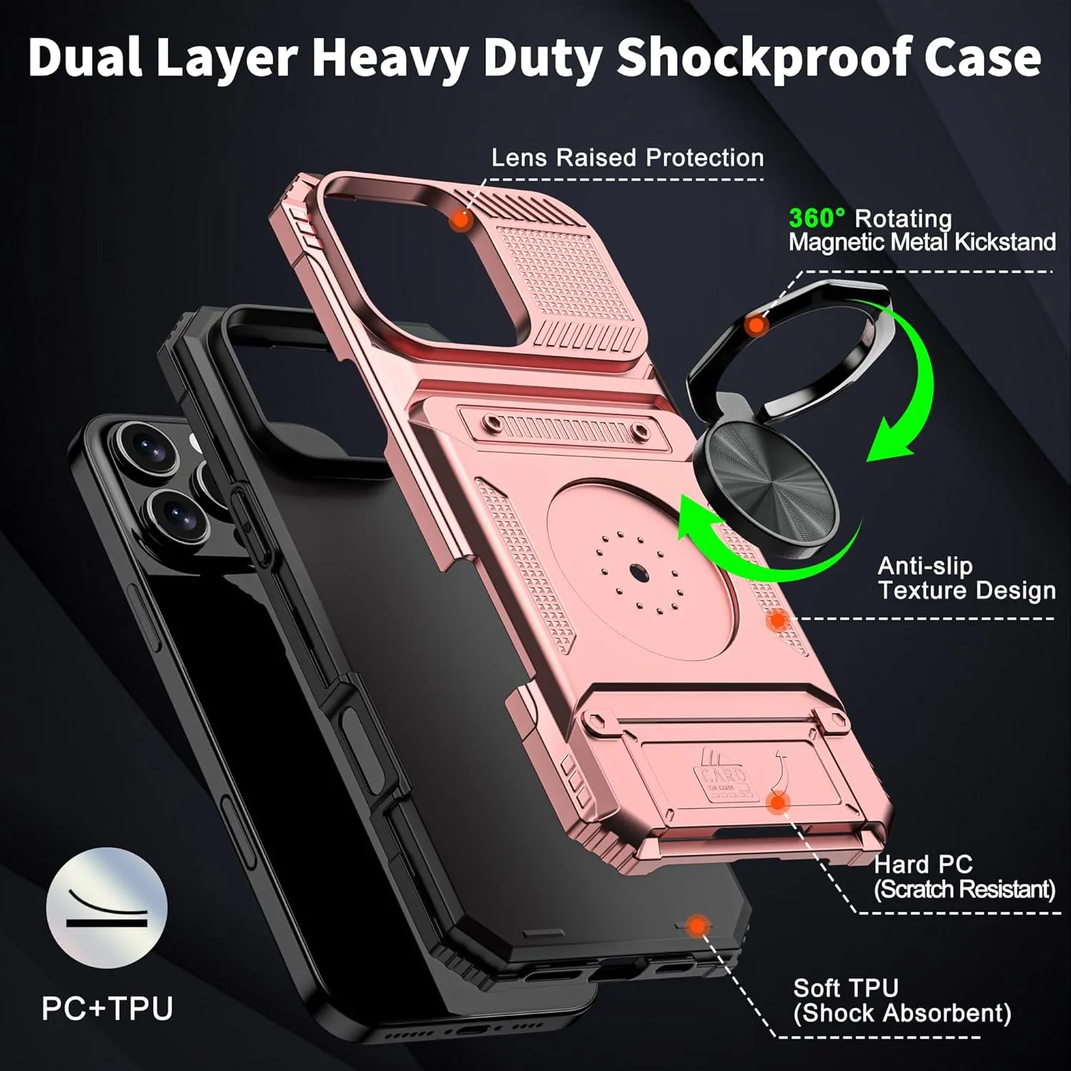 iPhone 16 Pro Case Holder Rotated Ring Stand Dual Layer Heavy Duty Drop Protection Wallet