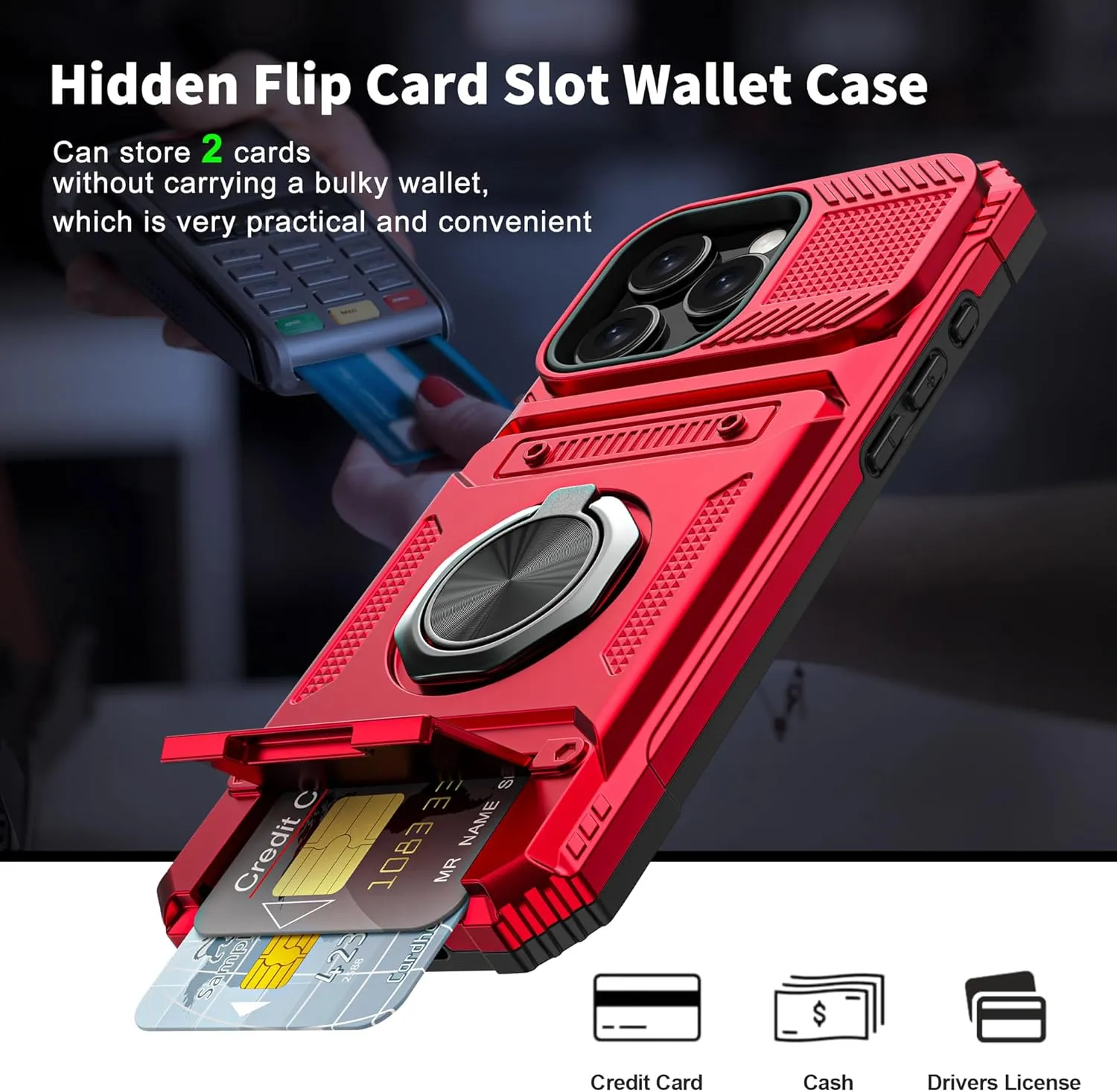 iPhone 16 Pro Case Holder Rotated Ring Stand Dual Layer Heavy Duty Drop Protection Wallet