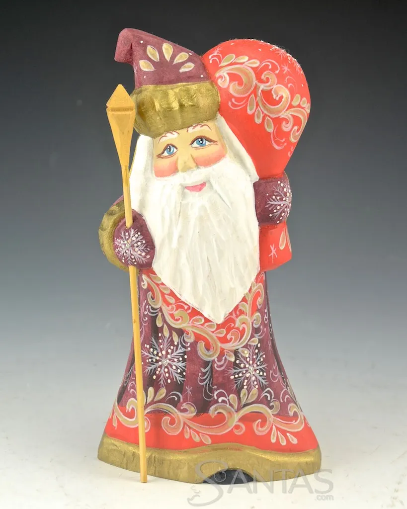 Jolly Red Carved Russian Santa with Staff- 7 inch