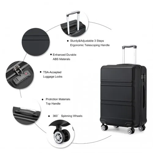 Kono ABS Sculpted Horizontal Design 3 Piece Suitcase Set - Black | Lightweight & Durable Luggage