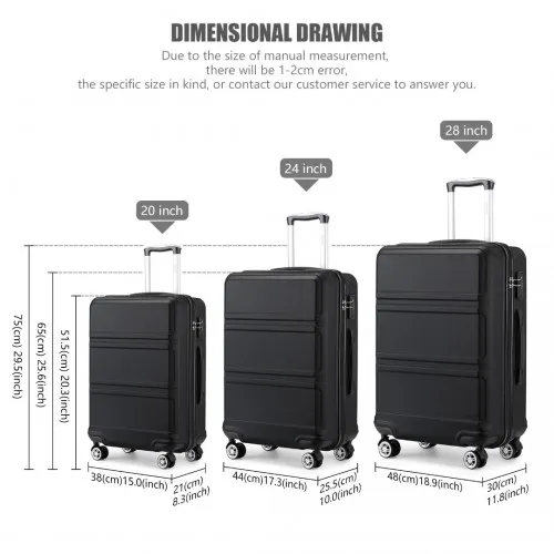 Kono ABS Sculpted Horizontal Design 3 Piece Suitcase Set - Black | Lightweight & Durable Luggage