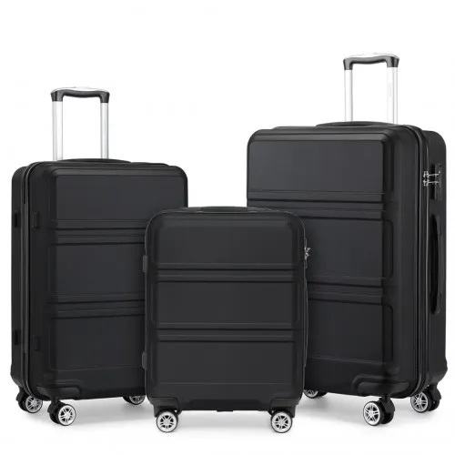 Kono ABS Sculpted Horizontal Design 3 Piece Suitcase Set - Black | Lightweight & Durable Luggage