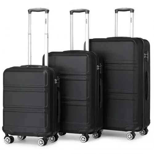 Kono ABS Sculpted Horizontal Design 3 Piece Suitcase Set - Black | Lightweight & Durable Luggage