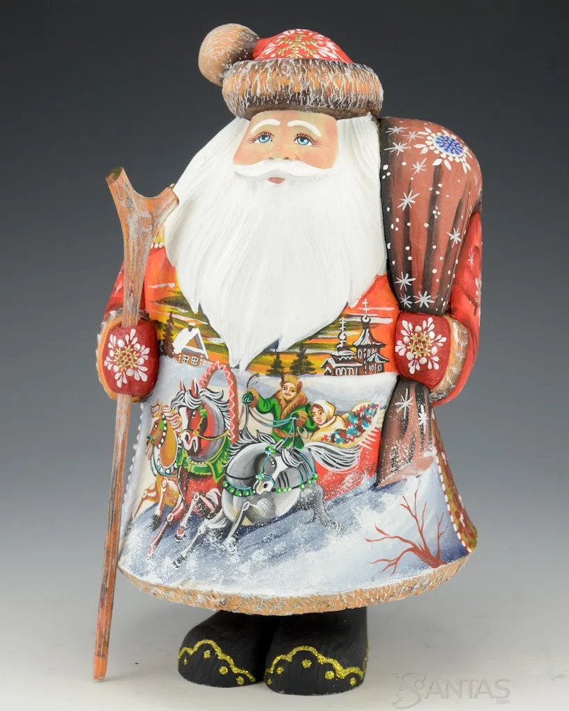 Large Round Russian Santa with Troika and Toy Bag