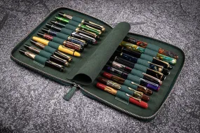 Leather Zippered 20 Slots Pen Case - Crazy Horse Forest Green