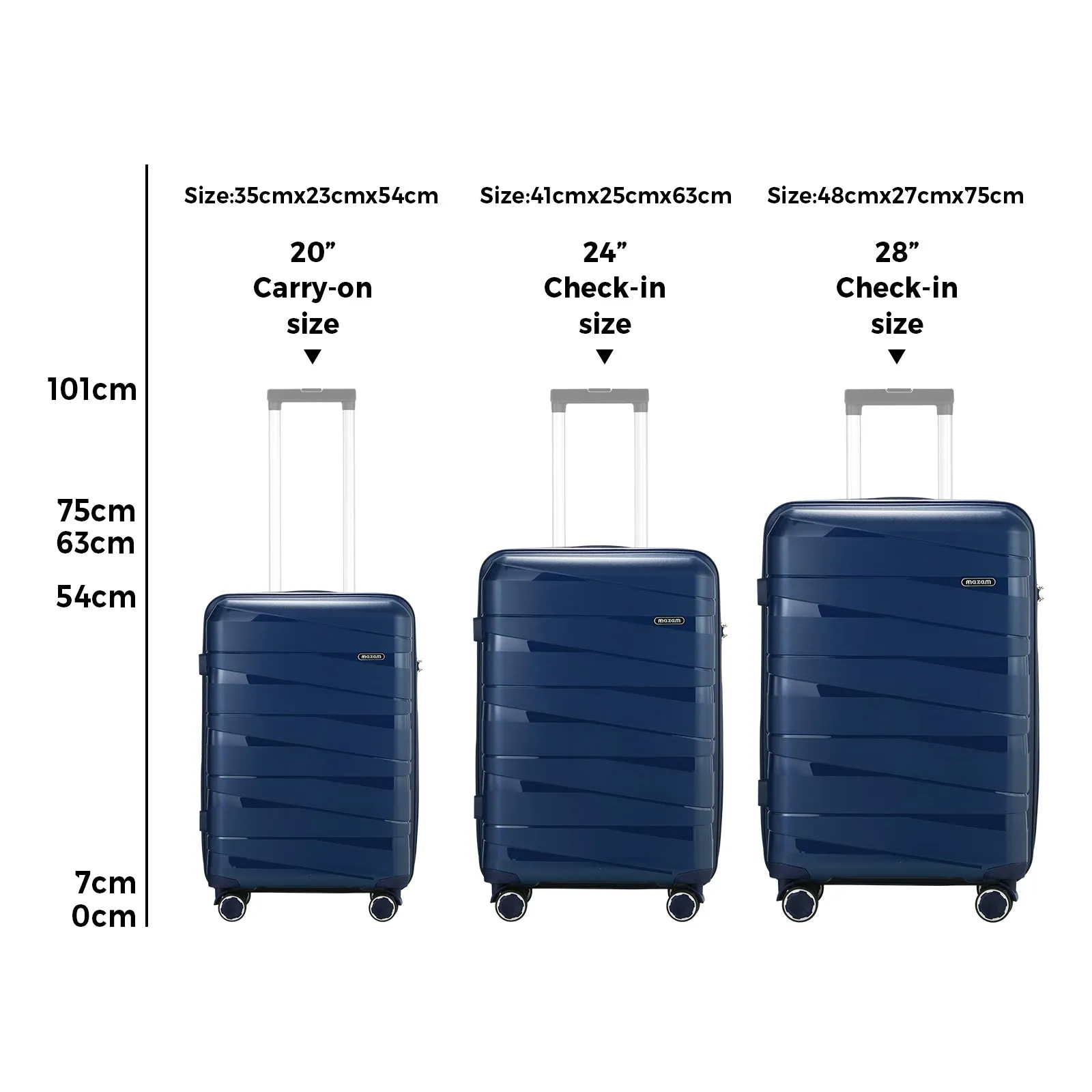 Mazam 3PCS Luggage Suitcase Trolley Set Travel TSA Lock Storage PP Case Navy