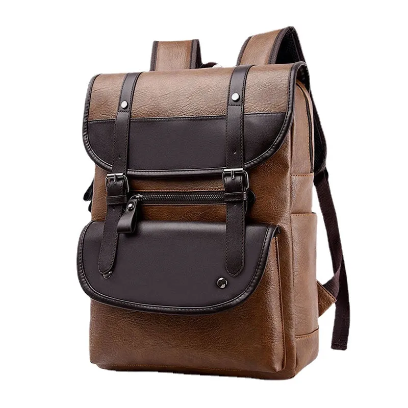 Men PU Leather Hasp Large Capacity Backpack Multi-pocket Waterproof 15.6 Inch Laptop Bag Fashion Wild Travel