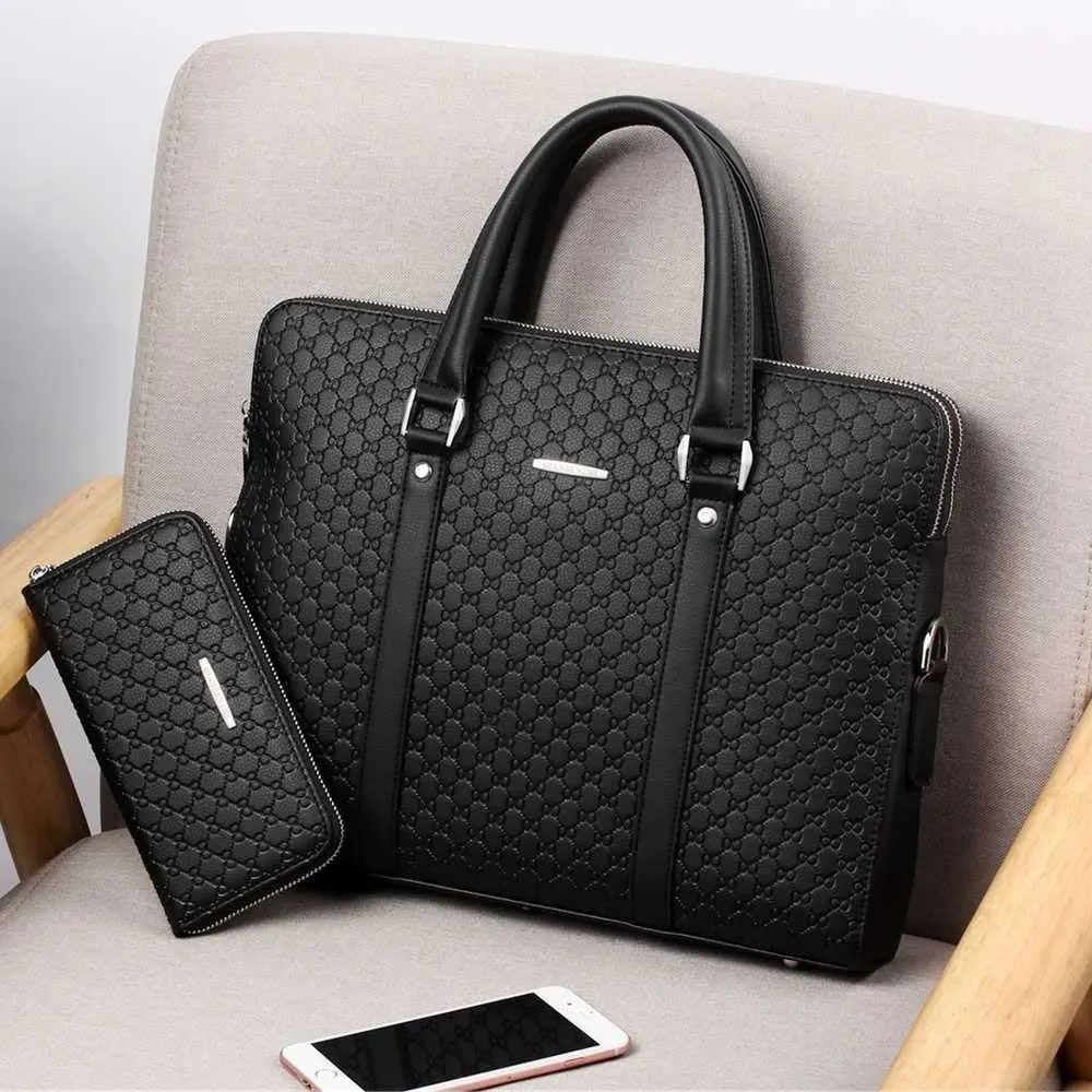 Mens Double Layers Leather Business Laptop Briefcase Bag