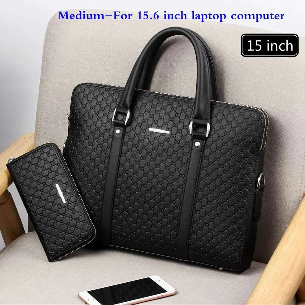 Mens Double Layers Leather Business Laptop Briefcase Bag