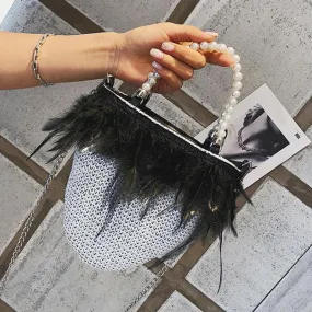 Pearls Beading Feathers Handbag