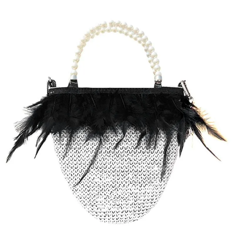 Pearls Beading Feathers Handbag