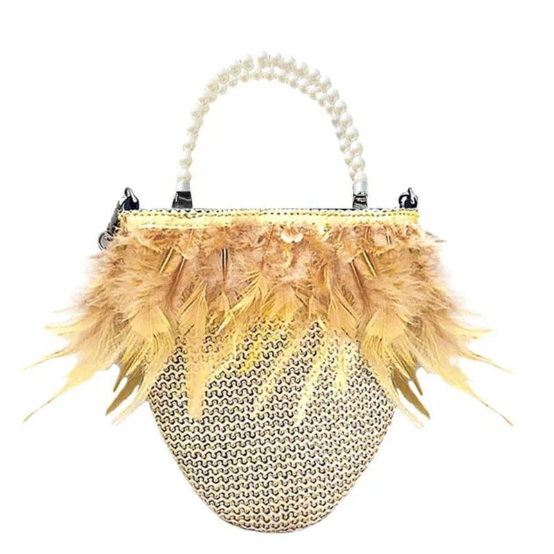 Pearls Beading Feathers Handbag