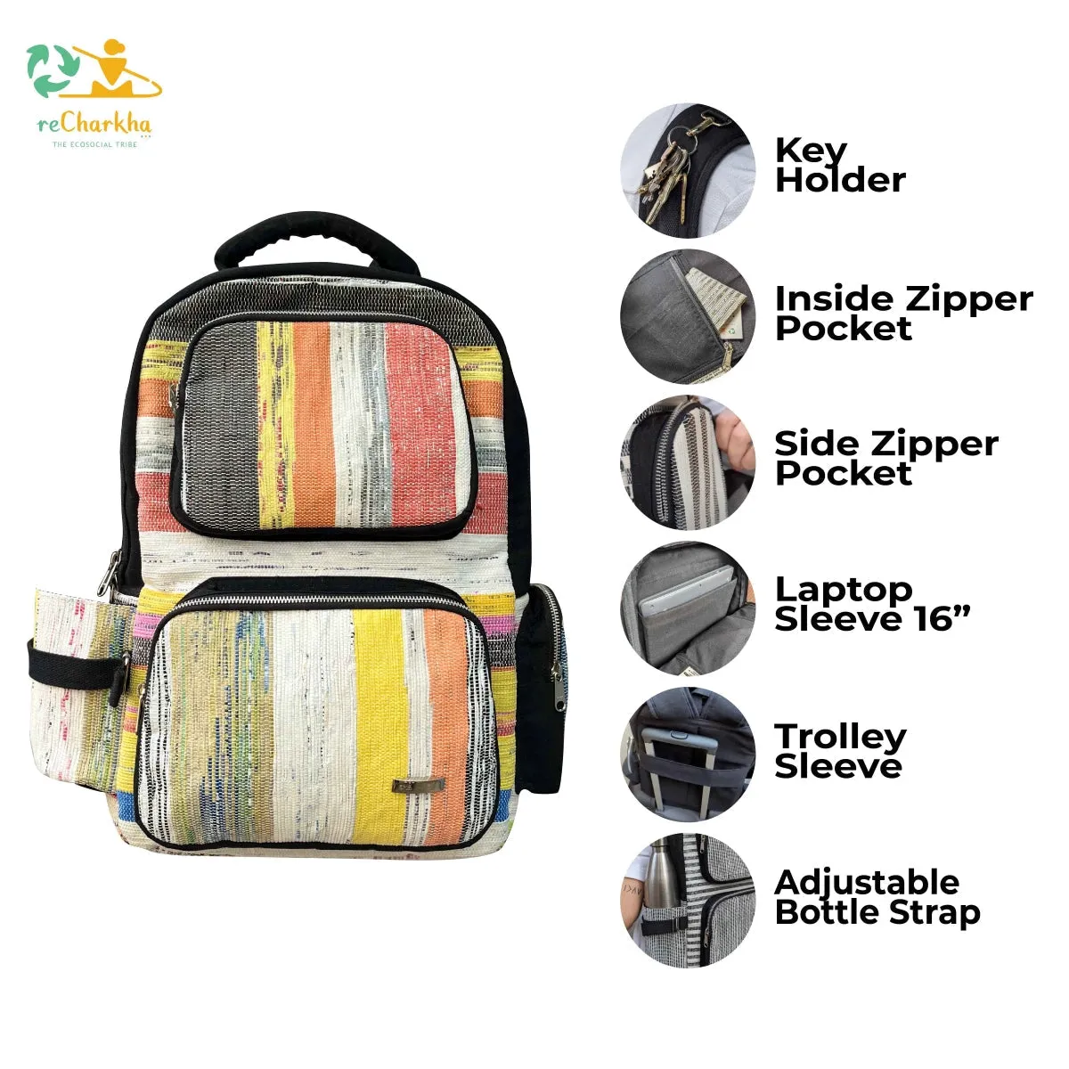 reCharkha X India Hikes Multicolor Non Glitter Commuter Backpack (CBP0624-011) PS_W