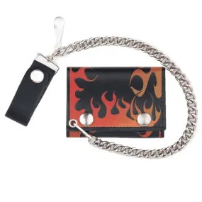 Red Flame Tri-Fold Biker Wallet w/ Chain