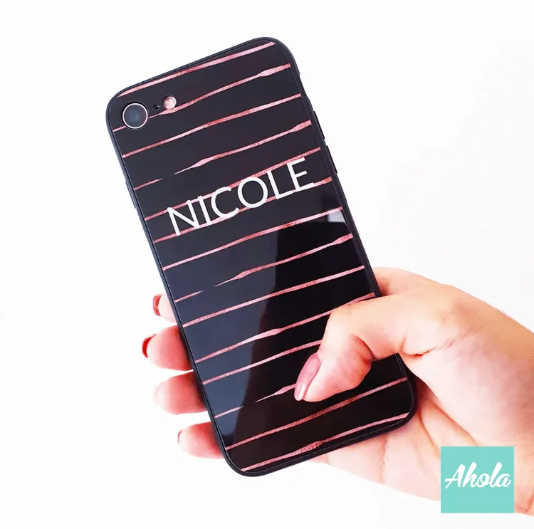 【Rosegold foil】Black bumper tempered glass phone Case 玫瑰金箔黑色全包邊玻璃名字電話殼