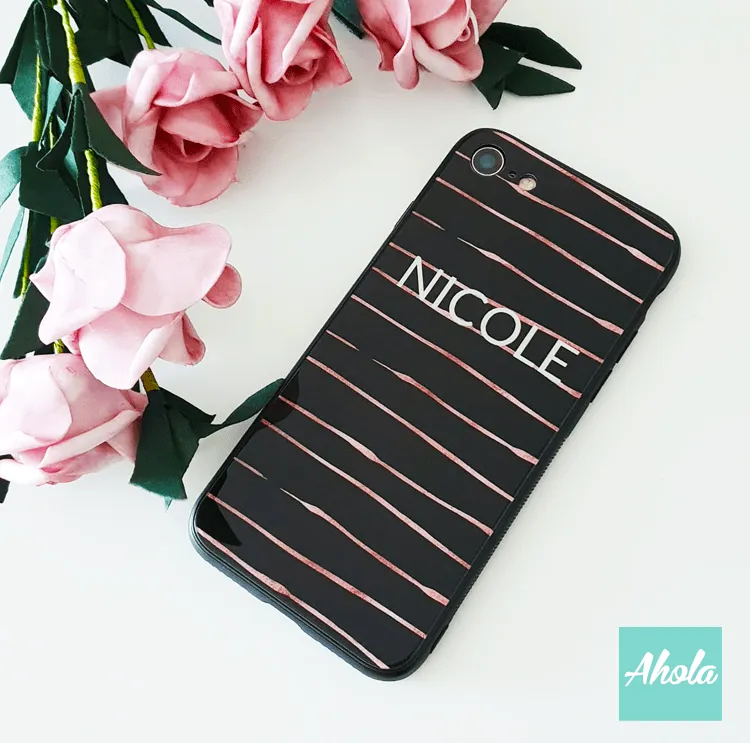 【Rosegold foil】Black bumper tempered glass phone Case 玫瑰金箔黑色全包邊玻璃名字電話殼