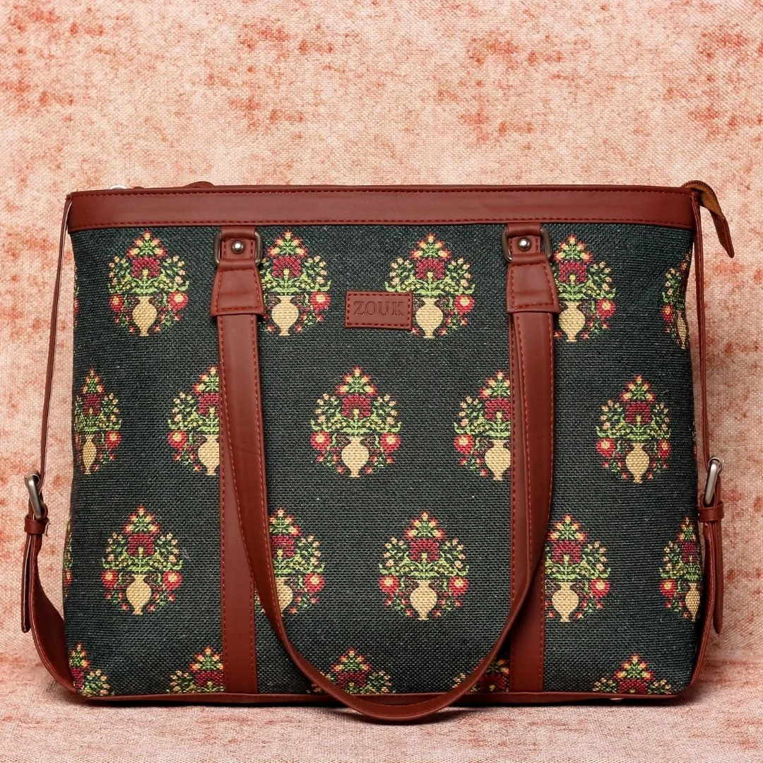 Royal Green Mogra Print- Office Bag & Chain Wallet Combo