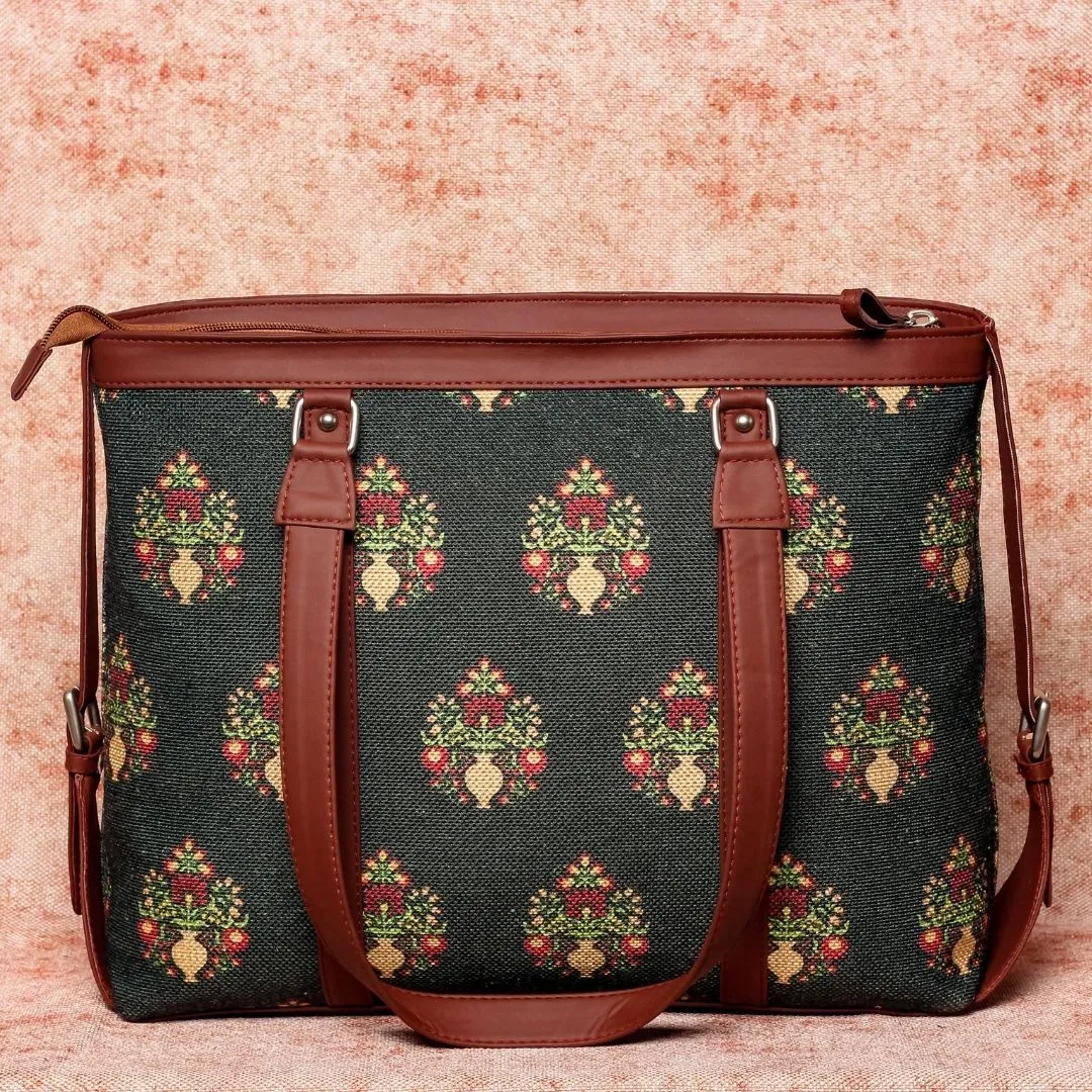 Royal Green Mogra Print- Office Bag & Chain Wallet Combo