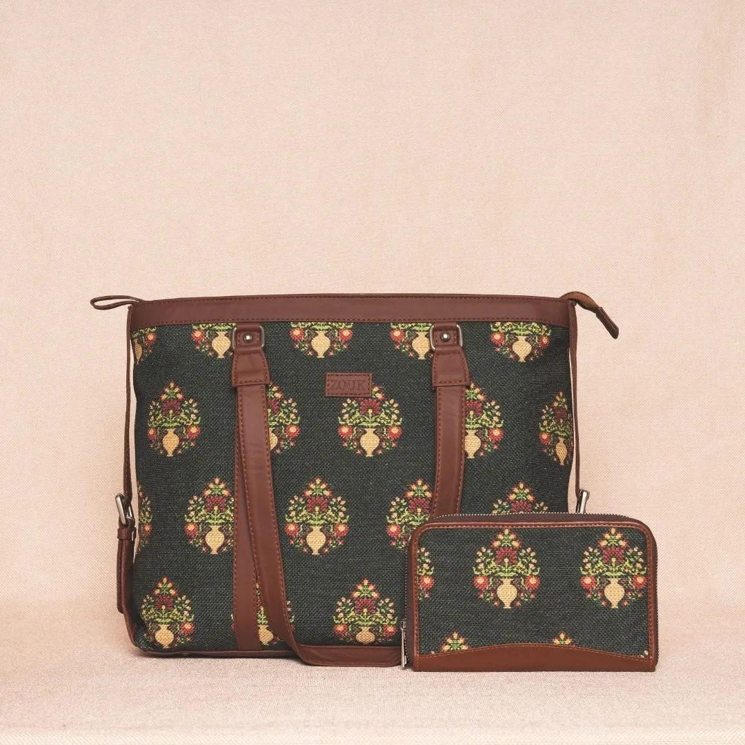 Royal Green Mogra Print- Office Bag & Chain Wallet Combo