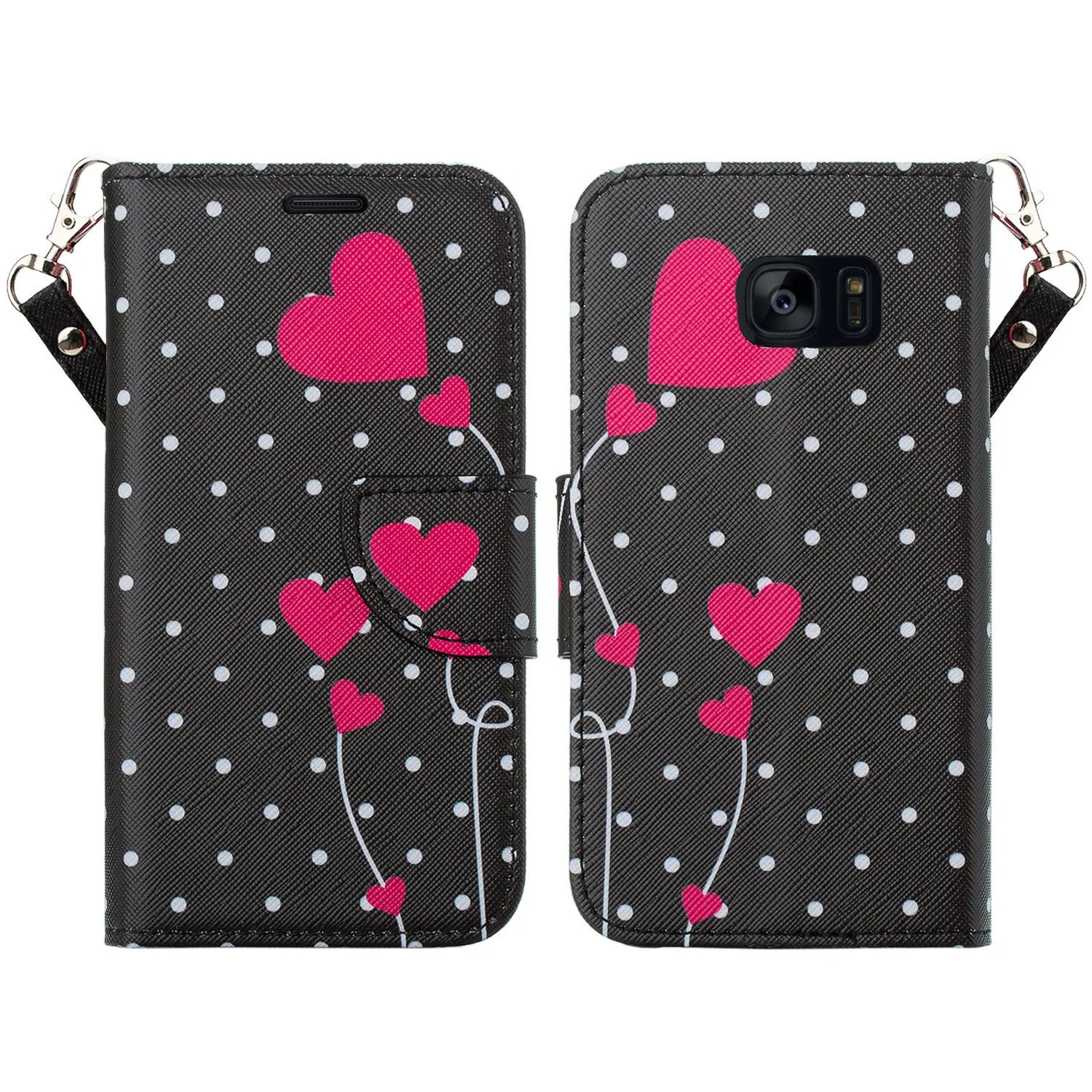 Samsung Galaxy S7 Active Case, Wrist Strap Magnetic Fold[Kickstand] Pu Leather Wallet Case with ID & Credit Card Slots for Galaxy S7 Active - Polka Dot Hearts