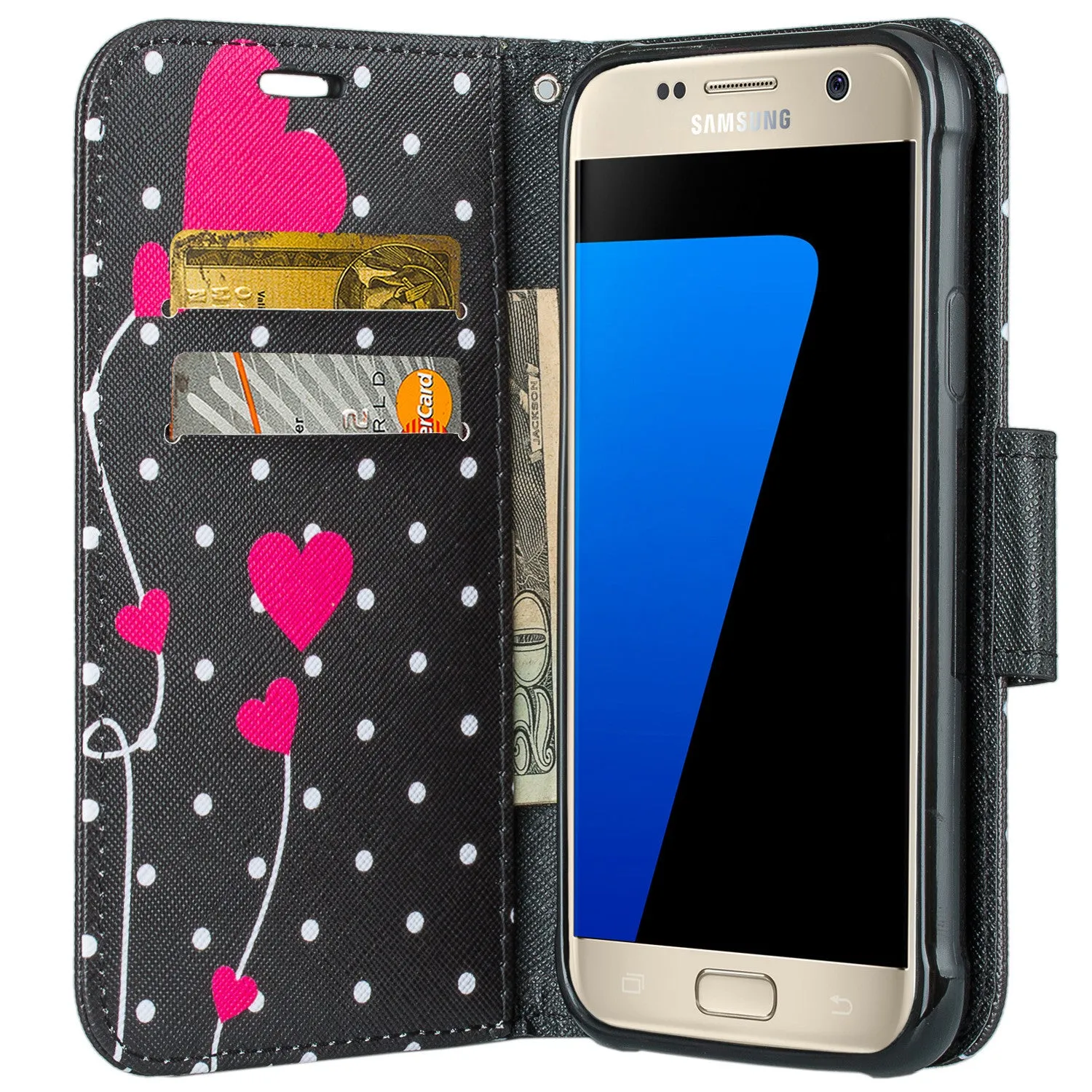 Samsung Galaxy S7 Active Case, Wrist Strap Magnetic Fold[Kickstand] Pu Leather Wallet Case with ID & Credit Card Slots for Galaxy S7 Active - Polka Dot Hearts