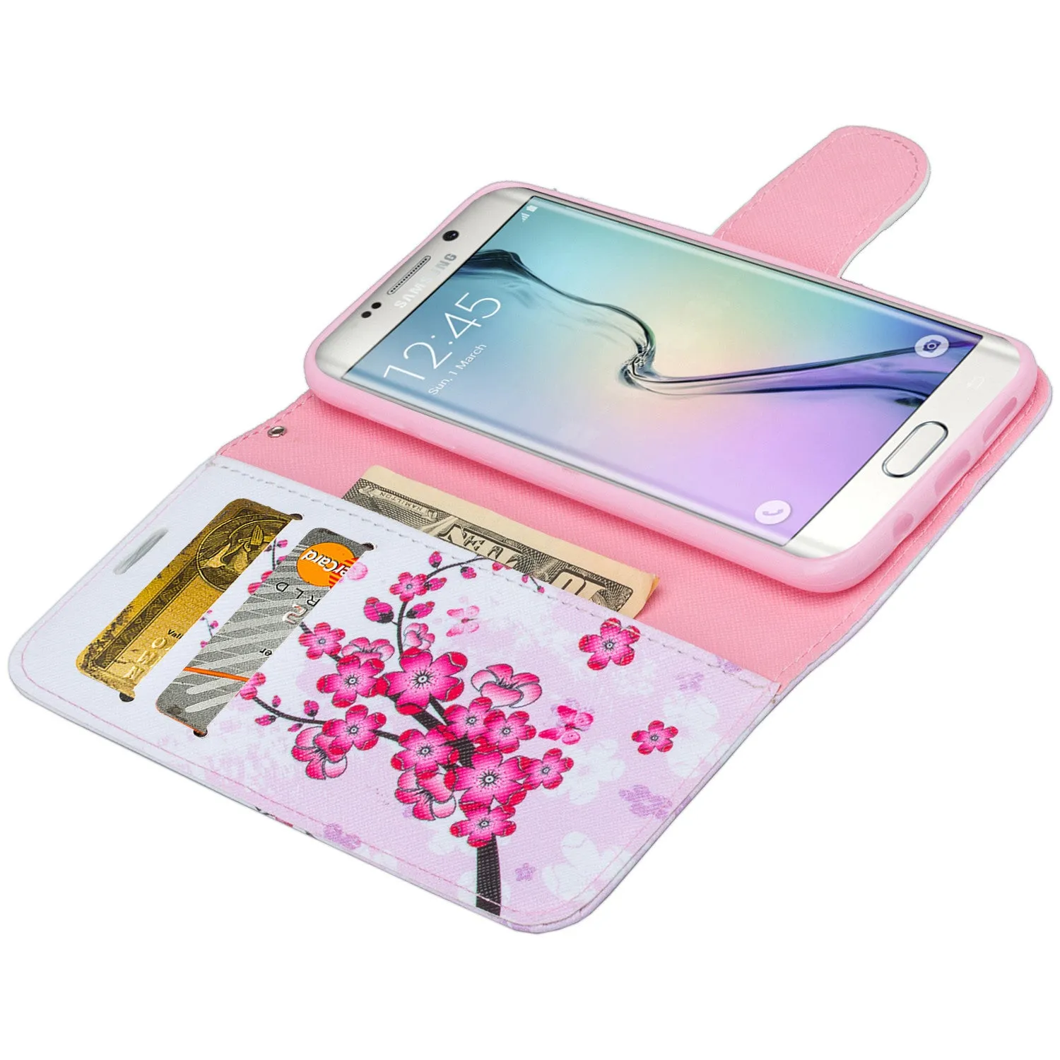 Samsung Galaxy S7 Edge Wallet Case, Wrist Strap Pu Leather Magnetic Flip Fold[Kickstand] with ID & Card Slots for Galaxy S7 Edge -Cherry Blossom