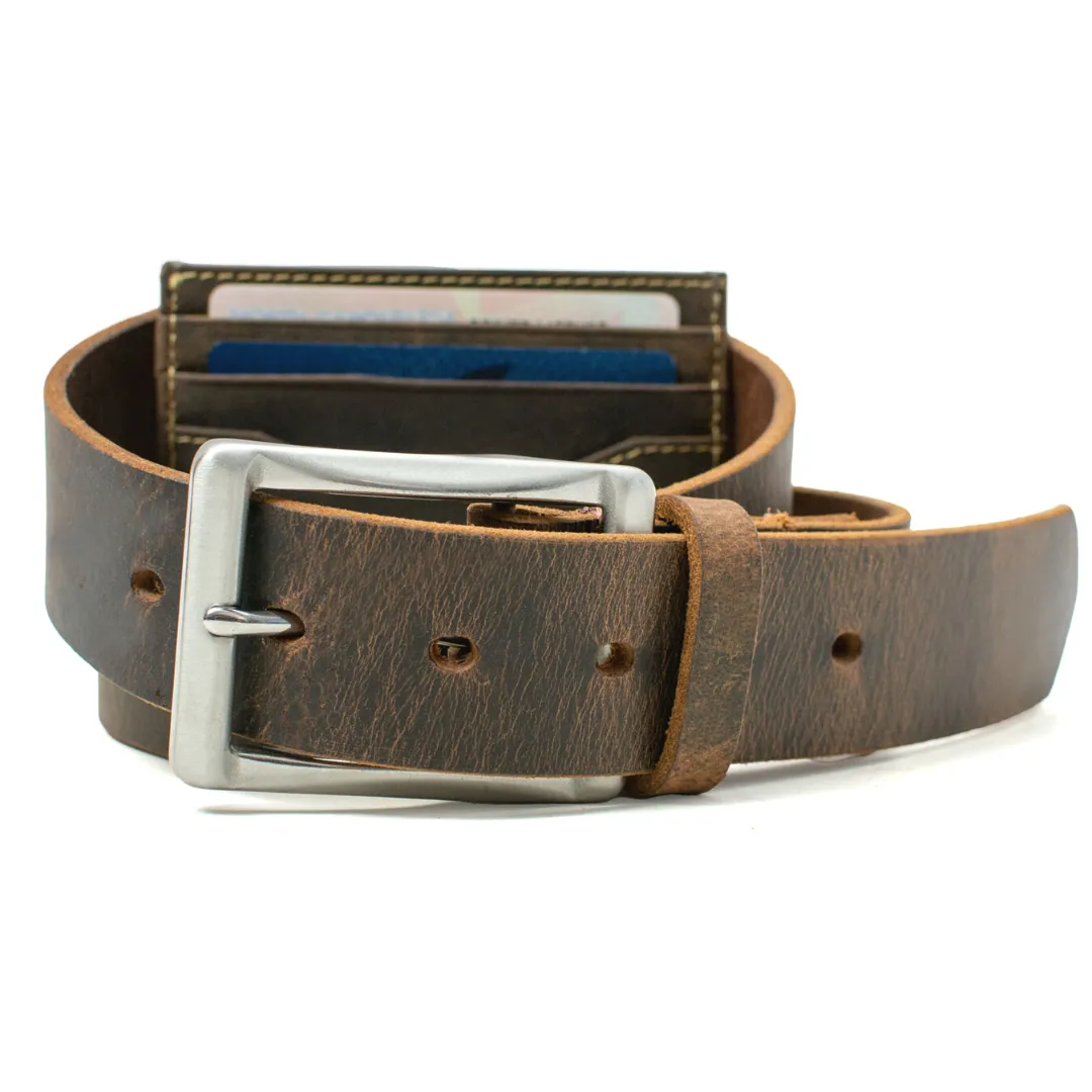 The Site Manager Distressed Leather Brown Work Belt & Wallet Set by Nickel Smart®