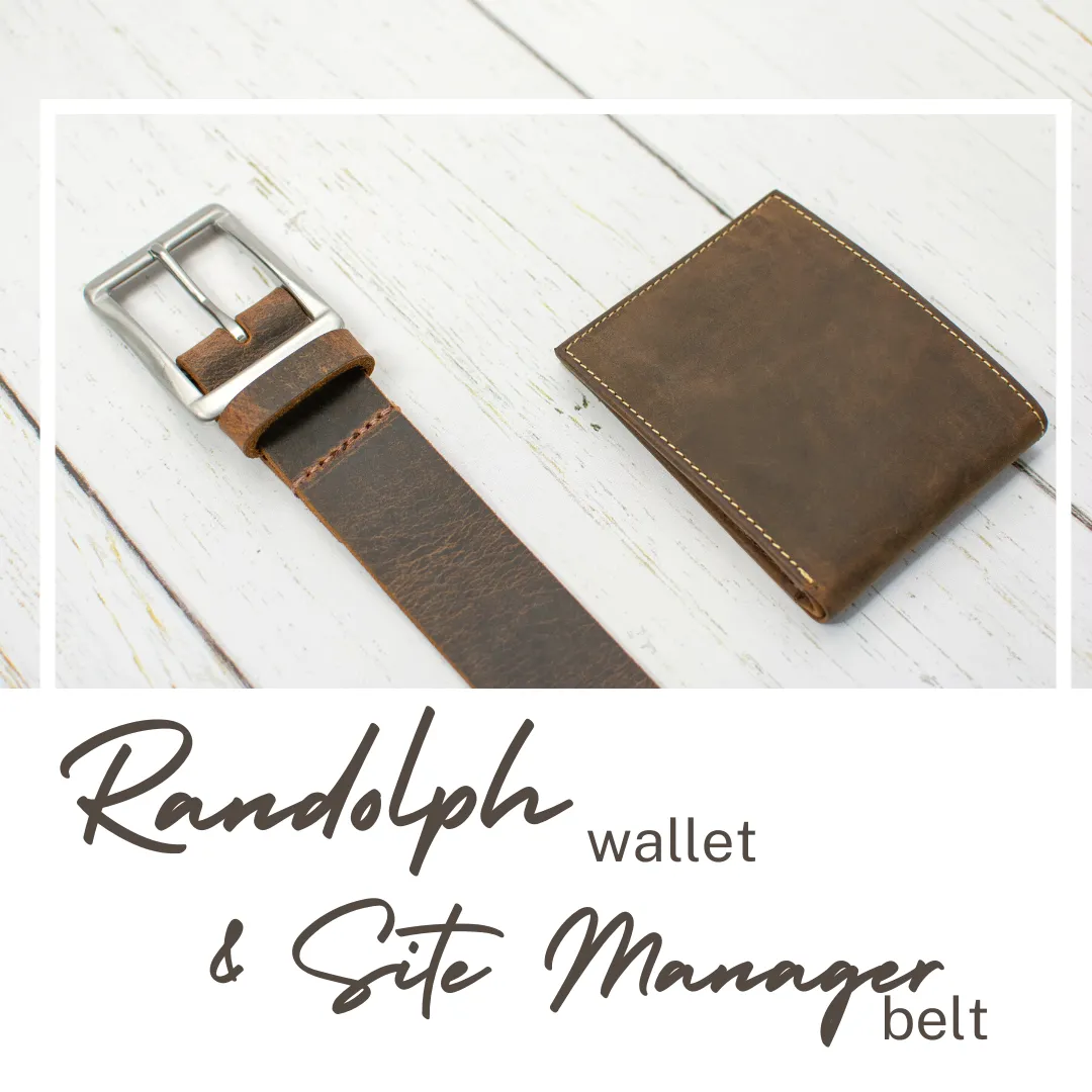 The Site Manager Distressed Leather Brown Work Belt & Wallet Set by Nickel Smart®