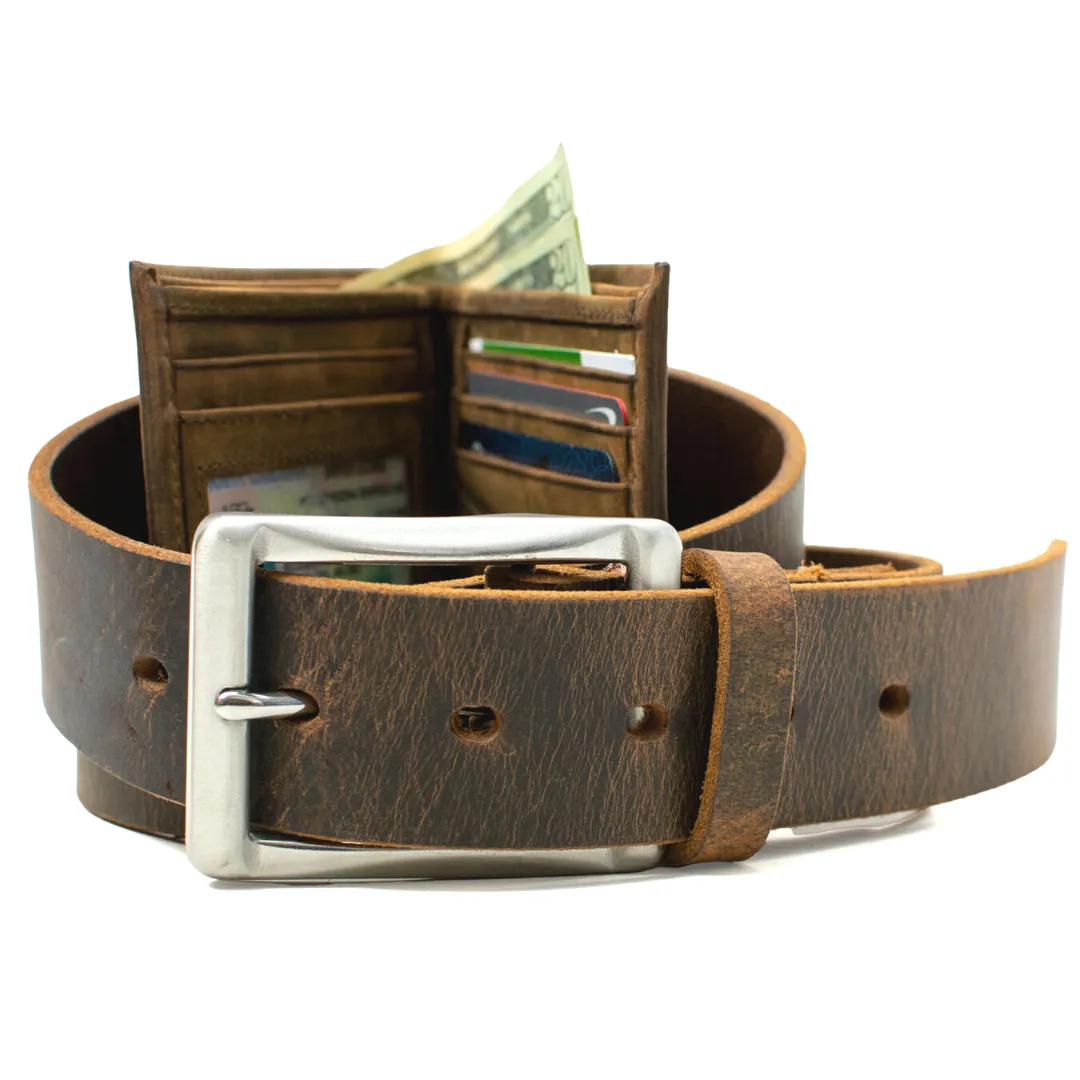 The Site Manager Distressed Leather Brown Work Belt & Wallet Set by Nickel Smart®