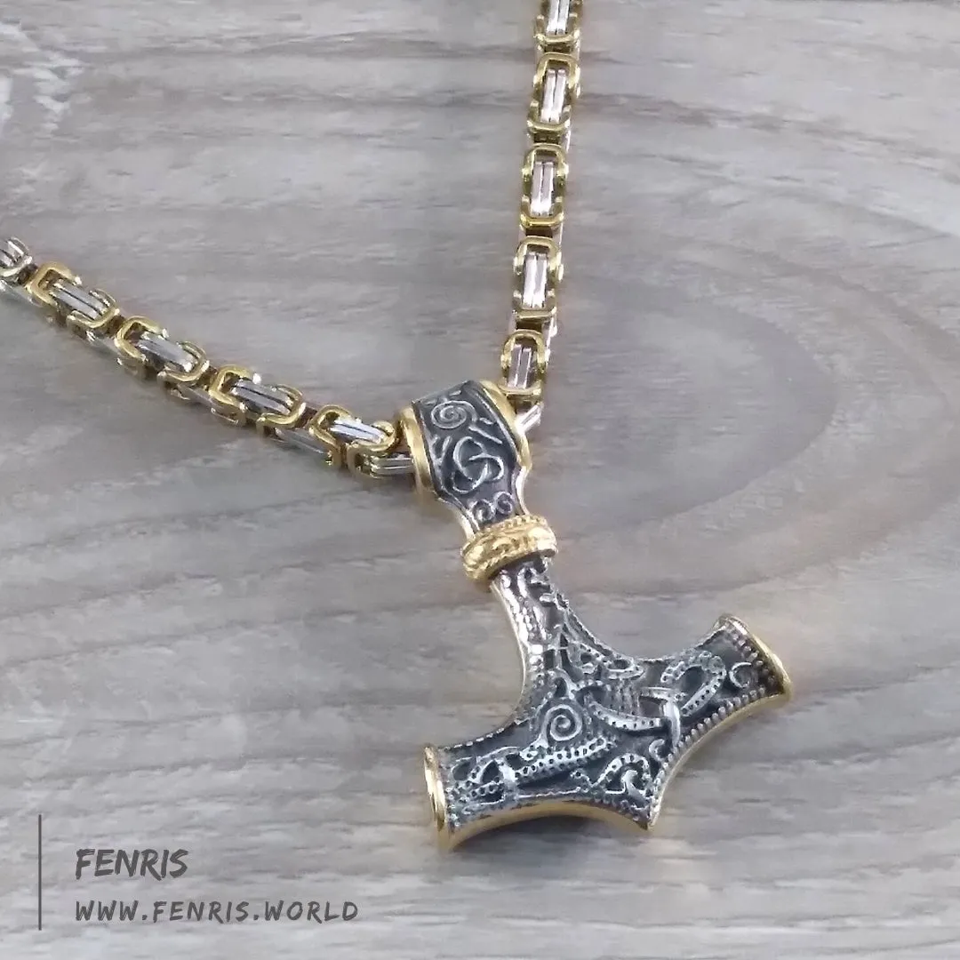 Thor's Hammer Necklace Gold Silver Byzantine Chain Norse Viking Style | MTM