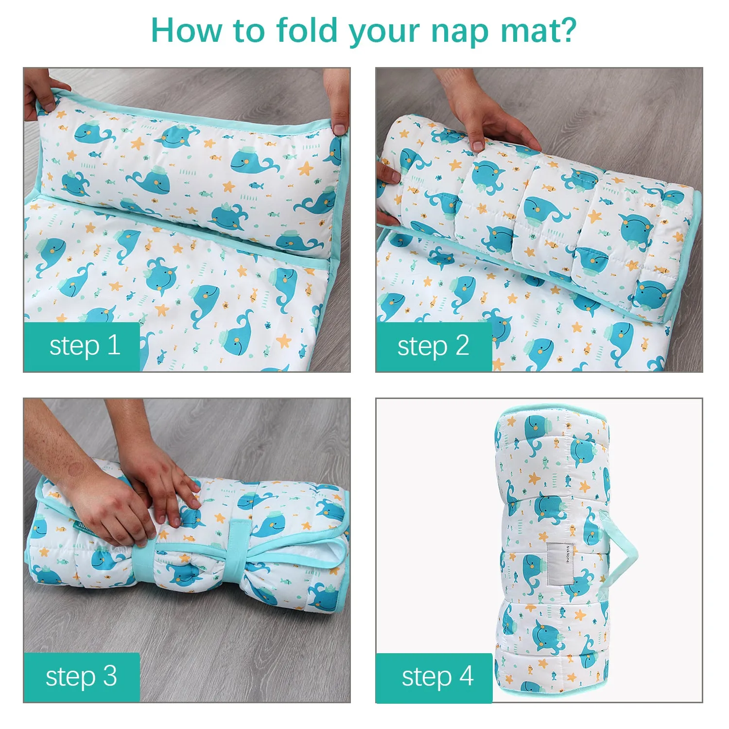 Toddler Nap Mat with Pillow and Blanket, Blue Lightweight Kids Nap Mats for Preschool Daycare, Travel Sleeping Bag for Boys Girls, 50" x 21" Fit Standard Cot, Super Soft and Cozy, Blue Whale