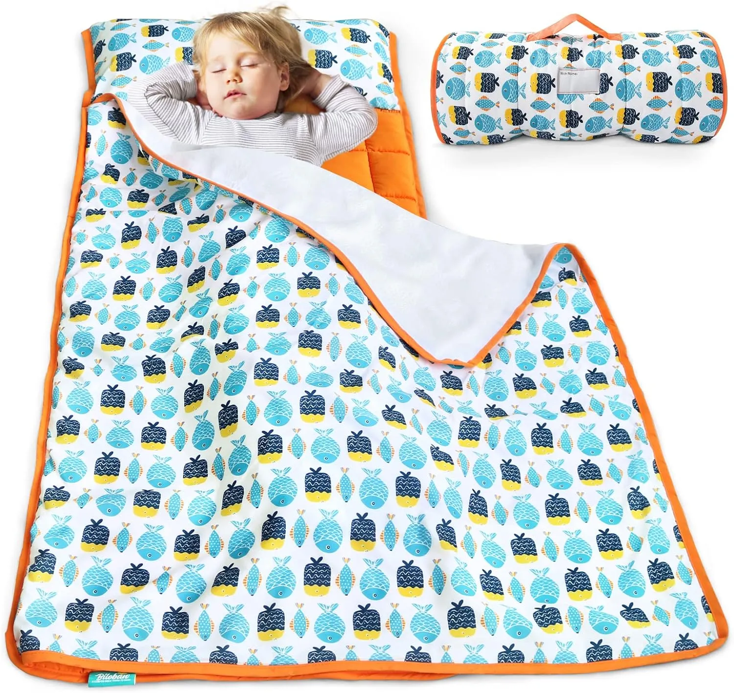 Toddler Nap Mat with Pillow and Fleece Blanket, Super Soft & Warm Kids Nap Mats for Preschool Daycare, Portable Travel Sleeping Bag for Toddlers (Quilted Improved Thickness), Fish