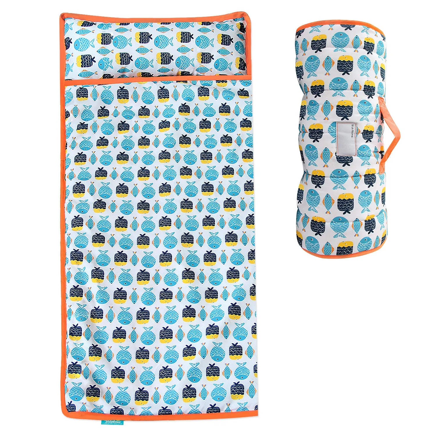 Toddler Nap Mat with Pillow and Fleece Blanket, Super Soft & Warm Kids Nap Mats for Preschool Daycare, Portable Travel Sleeping Bag for Toddlers (Quilted Improved Thickness), Fish