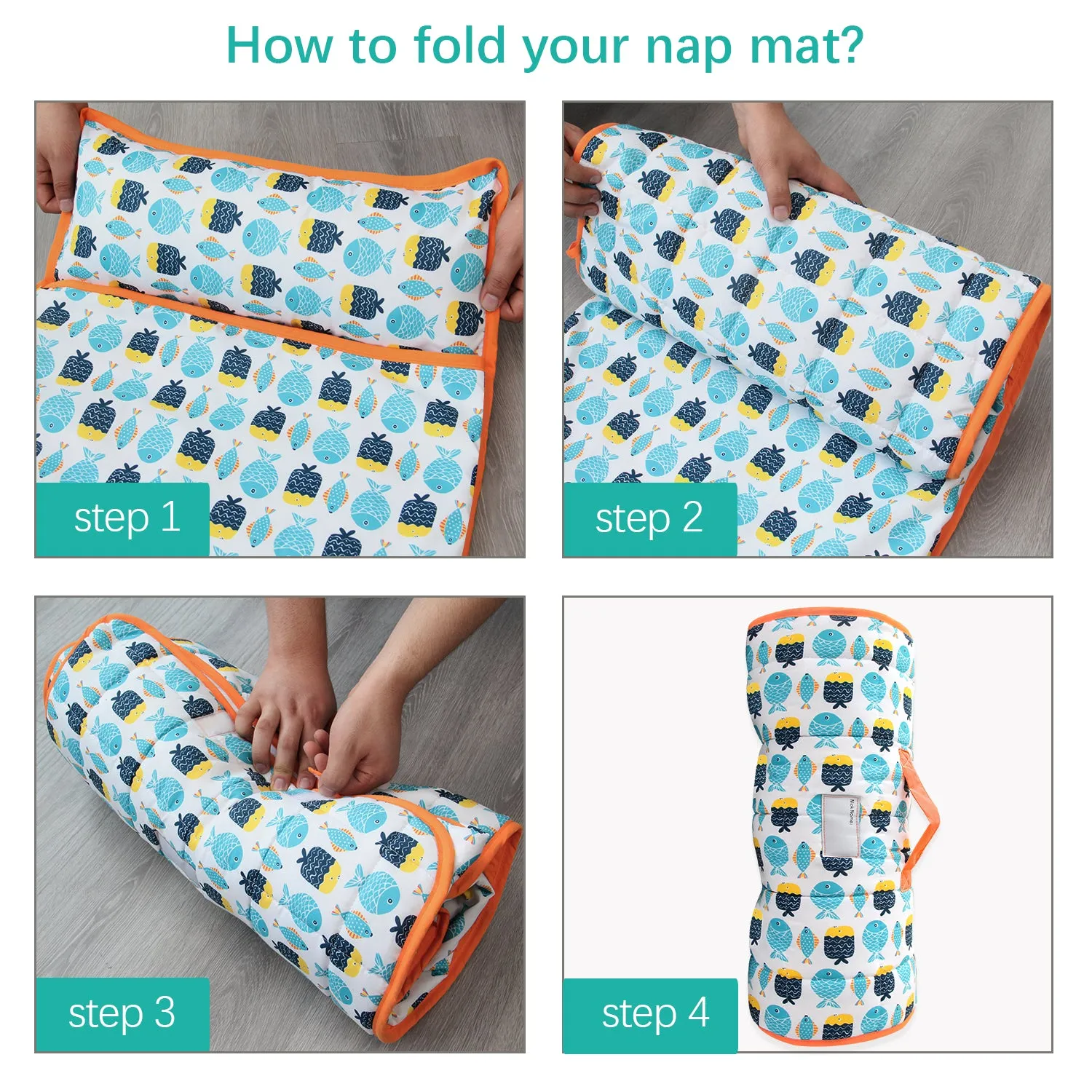 Toddler Nap Mat with Pillow and Fleece Blanket, Super Soft & Warm Kids Nap Mats for Preschool Daycare, Portable Travel Sleeping Bag for Toddlers (Quilted Improved Thickness), Fish